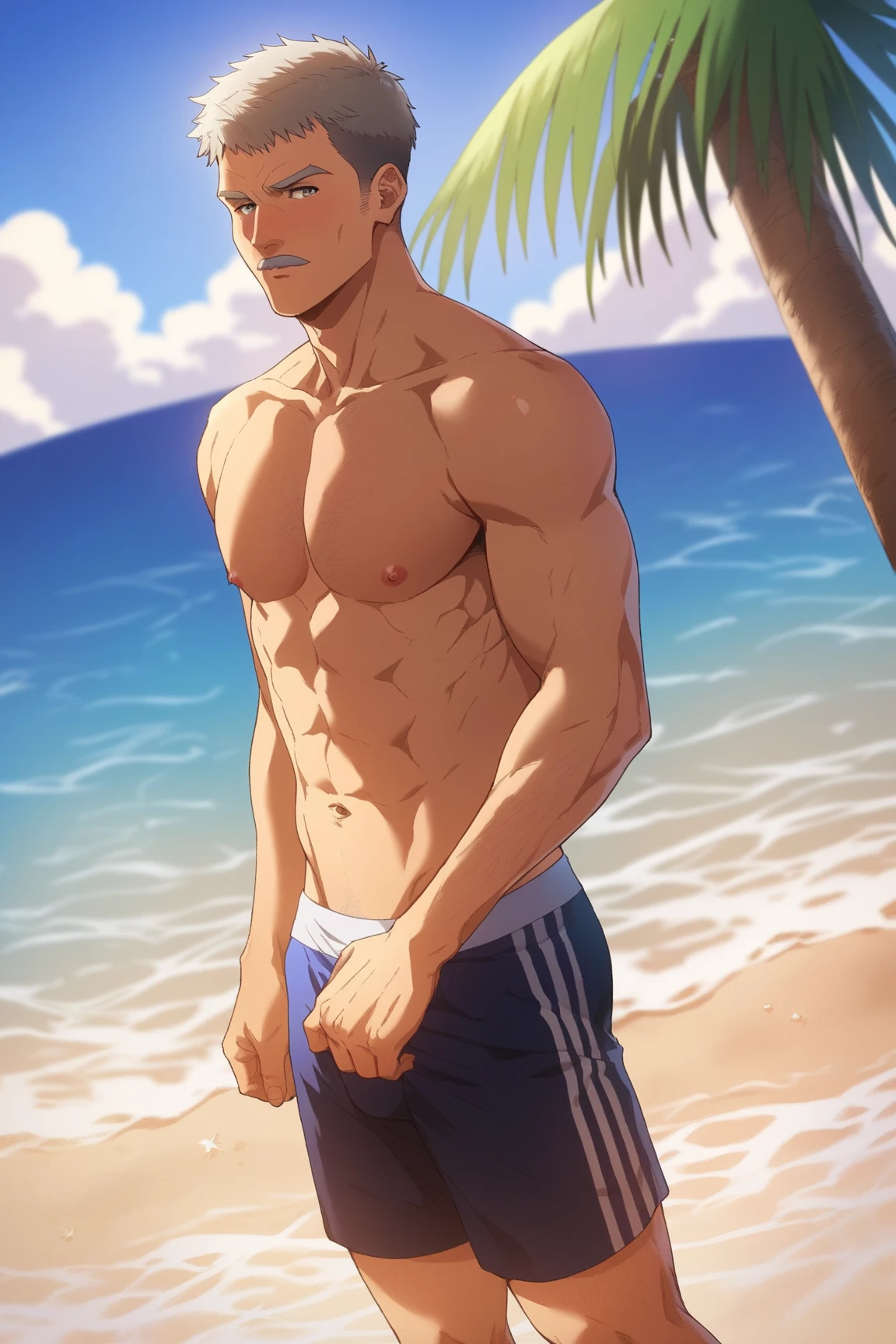 detailed anime style (((1 guy))) swim trunks, beach, shirtless, (((tall))), (young), lean, cute, prince-like, narrow waist, blonde hair blue eyes, large bulge in trunks, tan,