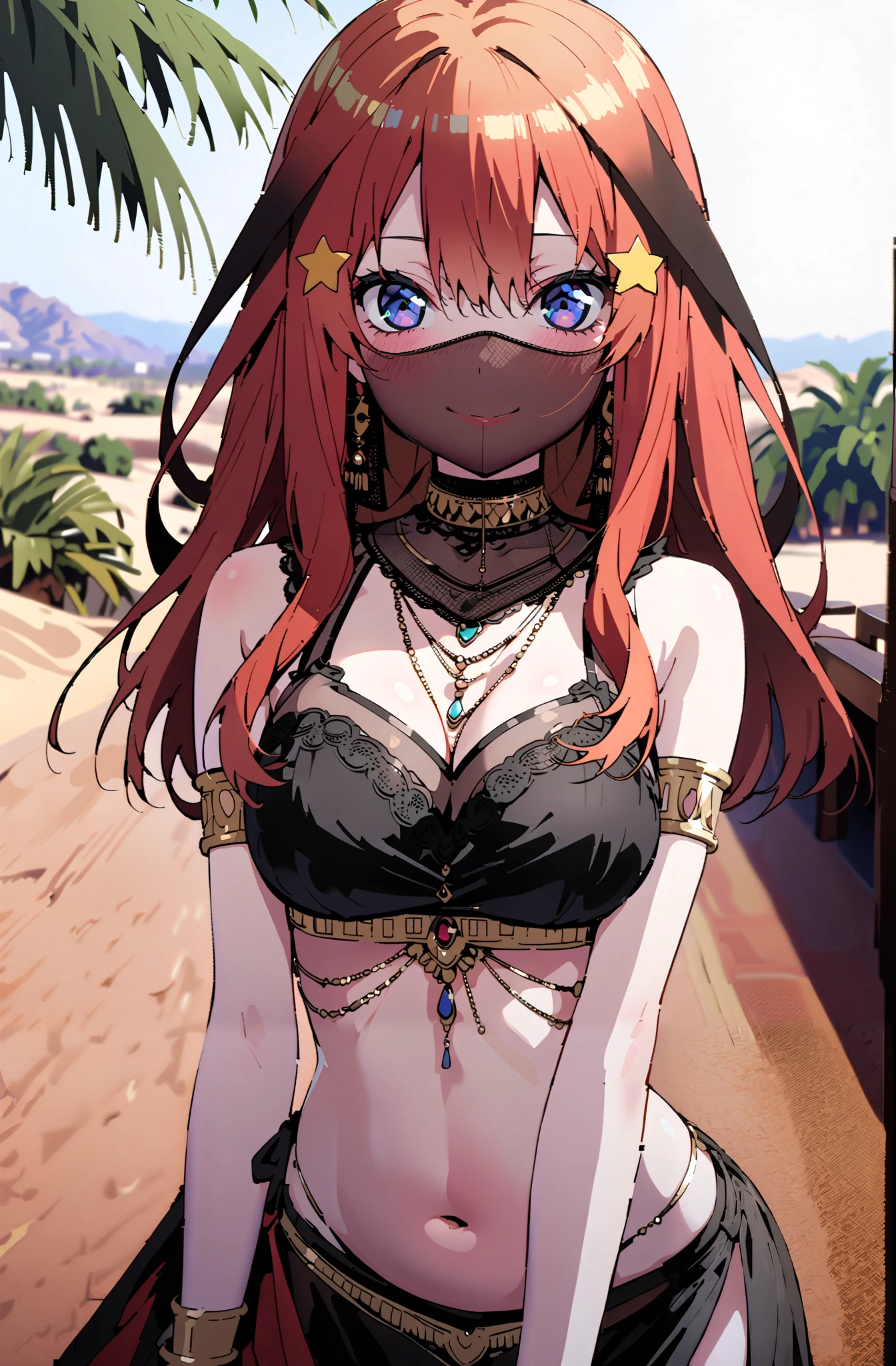 Nakano Mizuki , long hair, blue eyes, hair ornaments close to the garden, red hair, star ( symbol ), smile,blush, close your mouth,star hair ornaments close to the garden, Big Breasts, Chest Valley,Arabian clothing, dancer , mouth Veil, belly Dancing, Veil, armlet, palm tree, Bare legs,whole bodyがイラストに入るように, break outdoors, desert,
break looking at viewer,whole body,
break (masterpiece:1.2),TOP QUALITY , kampala, Unity 8K Wallpaper ,(shape:0.8),( fine, beautiful eyes :1.6),It's a person ,whole body写真,CG Details , ( perfect hands,Complete Anatomy),