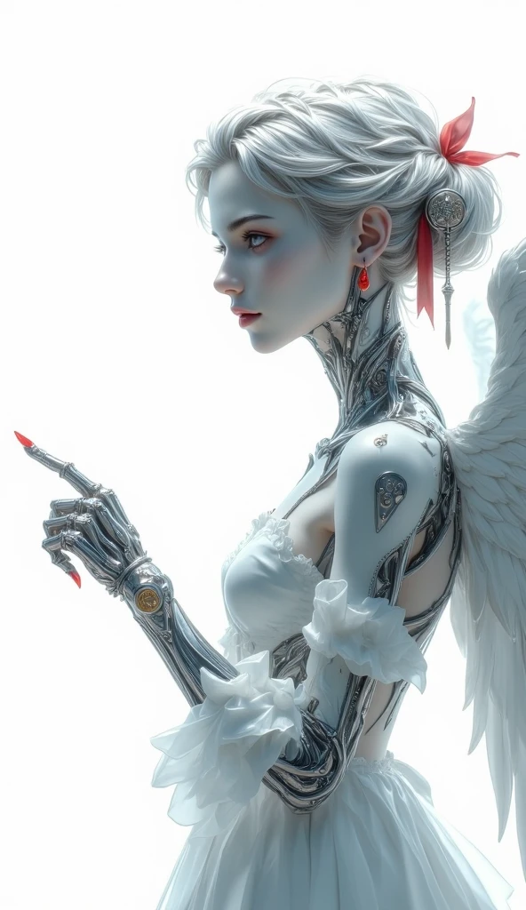 girl with semi open eyes,human heart in hand,extremely detailed, colorful, more detailed,solo,whole body,machine-made joints,mechanical limbs,blood vessels connected to tubes,mechanical vertebra attached to the back,mechanical cervical attached to the neck,lying,expressionless,focus on the character,angel wings,science fiction, white background, (blood: 1,5),((masterpiece)))), (((best quality))),  ((ultra-detailed)), (hyper-realistic), (highly detailed CG illustration), cinematic light, photorealistic