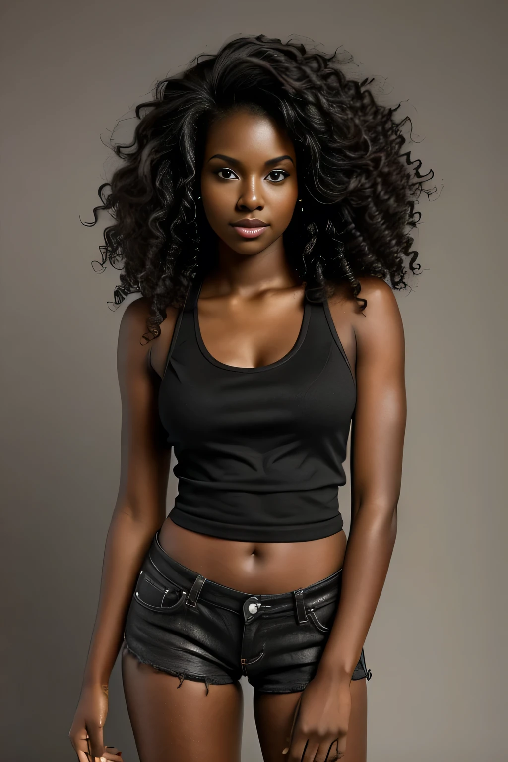 SFW, (masterpiece, best quality), dark skin, ebony 1girl, beautiful face, Kimberly_jackson, confused, tanktop, freely wavy hair, wavy hair, upper body, belly showing, hands on hips