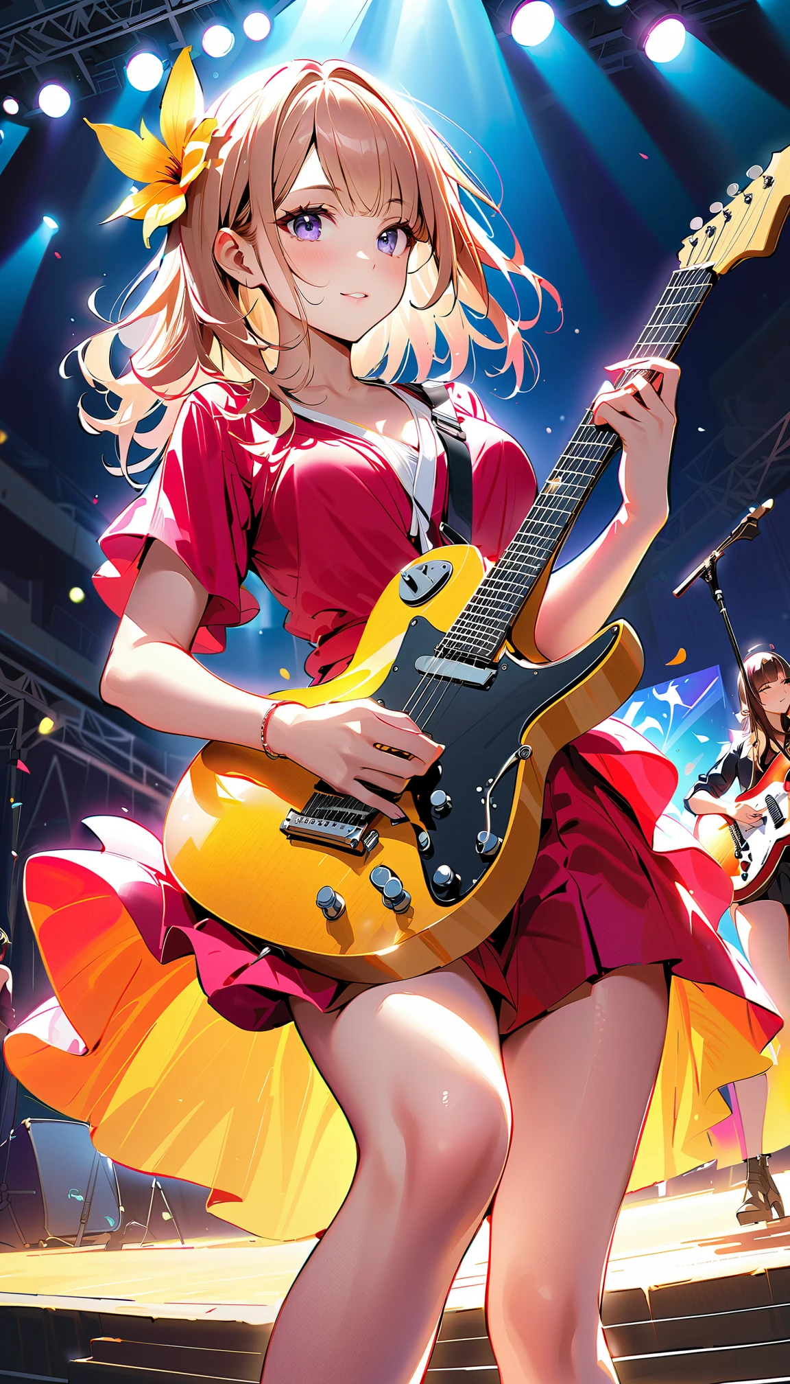 (highest quality:1.2, Very detailed, up to date, Vibrant, Ultra-high resolution, High Contrast, masterpiece:1.2, highest quality, Best aesthetics), Portraiture、girl、stage、performance、Rock Music、Bright colors、Beautiful fine details、Beautiful lip detail、long hair、ponytail, white and yellow green ((streaked hair:1.6)), highlights hair: 1.5, medium breast, (tan skin:1.1), Music band、(leans her upper body back as hard as he can while playing the guitar vigorously.:1.8)), (arched back:1.4), dynamic pose、Concert Light、Edgy Style、(black Skirt-style-bikini:1.4)、loose fit, Dynamic Movement、hypnotic sounds、Stadium、amplifier、Loud music、Electric guiter、Gibson Les-Paul, The presence of an attractive stage、 Expressive gestures、Rock star aura、An exciting atmosphere、An unforgettable show, (cowboy shot)