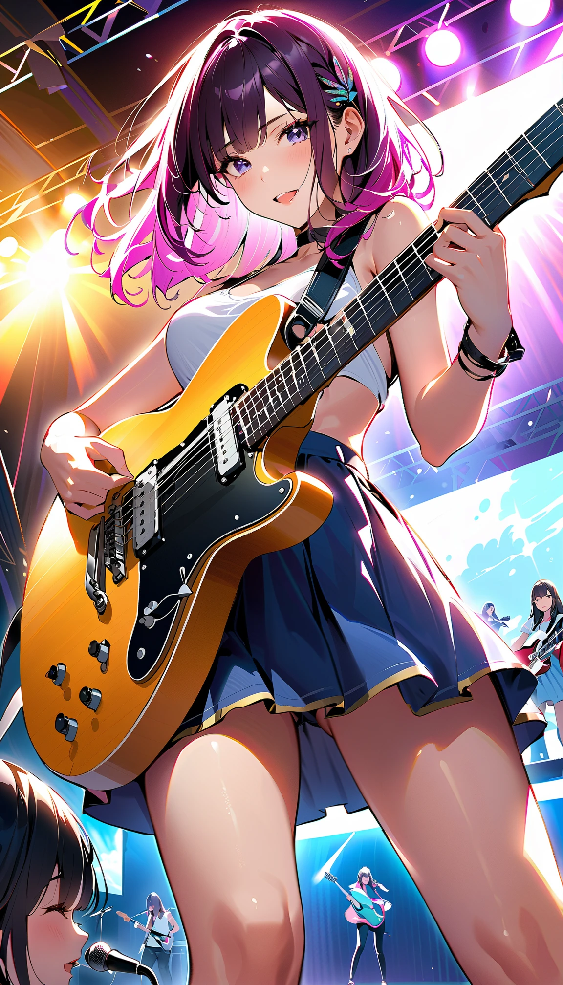 (highest quality:1.2, Very detailed, up to date, Vibrant, Ultra-high resolution, High Contrast, masterpiece:1.2, highest quality, Best aesthetics), Portraiture、girl、singer、stage、performance、Rock Music、Bright colors、Beautiful fine details、Beautiful lip detail、long hair、ponytail, white and yellow green ((streaked hair:1.6)), highlights hair: 1.5, middium breast, (tan skin:1.1), Music band、Cheerful pose、Concert Light、Edgy Style、black Skirt-style-bikini、loose fit, Dynamic Movement、hypnotic sounds、Stadium、amplifier、Loud music、Electric guiter、Gibson Les-Paul, mike stand, Powerful vocals、Passionate performance、Sparkling stage、Concert atmosphere、Music Festival、Full of emotion、Rock star attitude、Resolute expression、Avid Fan、The presence of an attractive stage、 Expressive gestures、Rock star aura、An exciting atmosphere、Sing with all your heart、An unforgettable show, (full body:1.5)