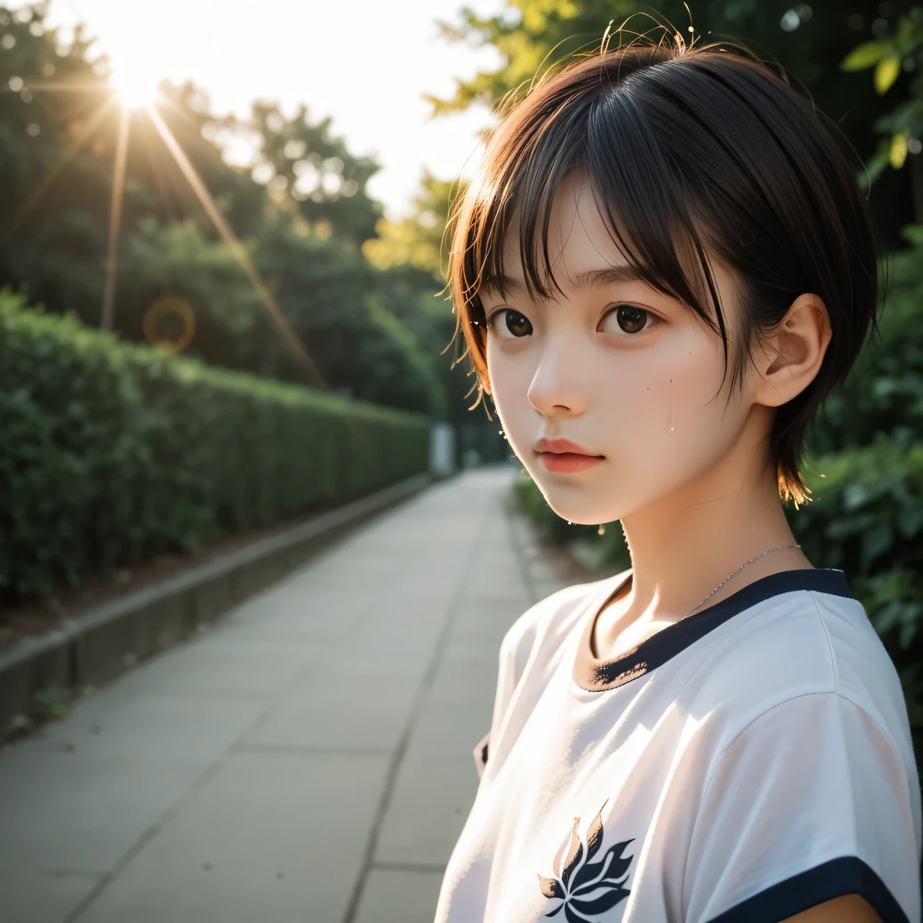 score_9,score_8_up,score_7_up,source_photo,
realistic,photo,(sharp focus),(backlit photo:1.4),dramatic shadows,raw lighting,dynamic angle,
BREAK
Japanese girl, li, very short hair, 
black eyes,(small eyes:1.1), 
slim round face,
sweat, shorts, explicit,
outdoors, upper_body,