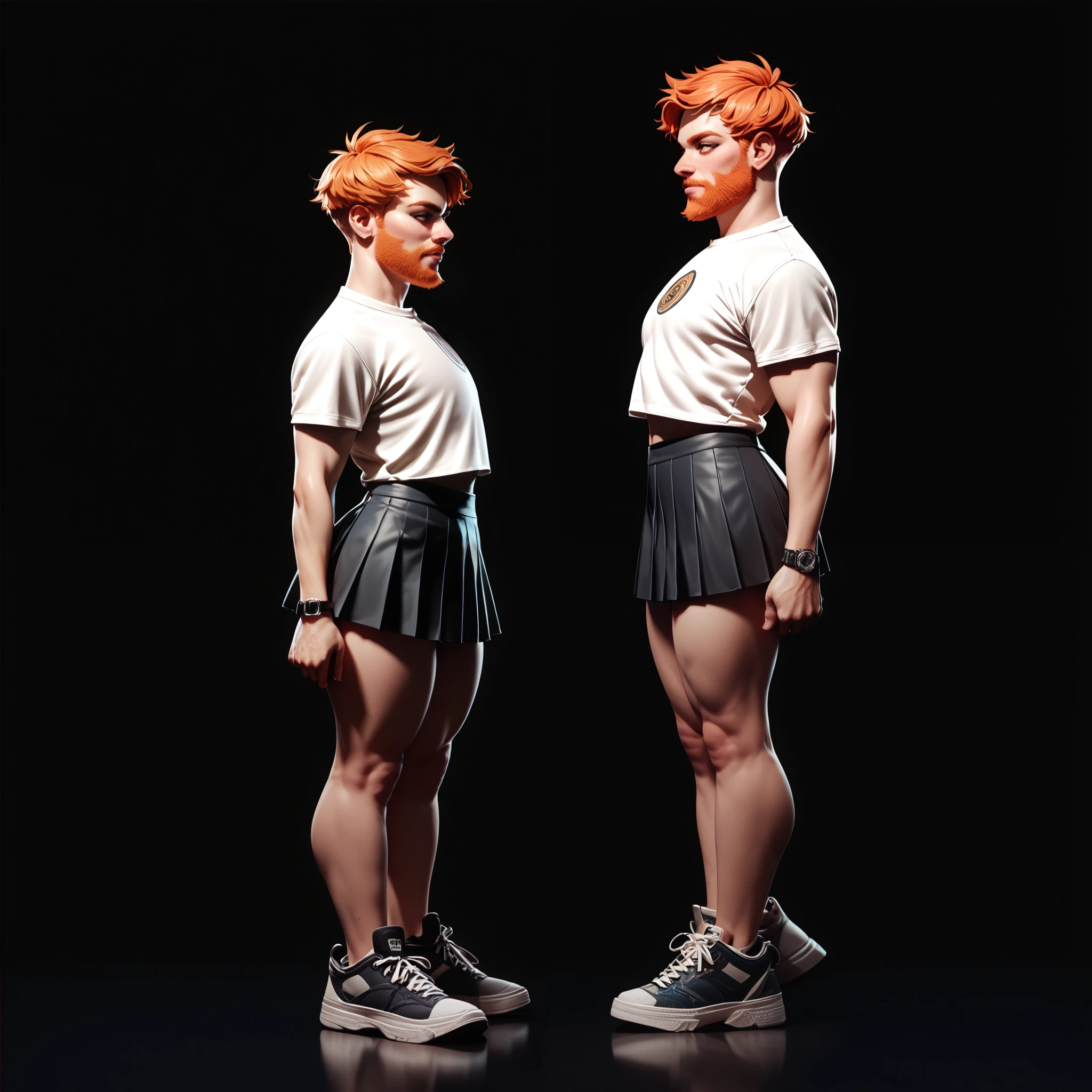 dwarf femboy, black background, clear background, very short height, full body shot, (short height:1.4), (short arms, short legs:1.3), beard, male upper body, skirt, sneakers, naked upper body