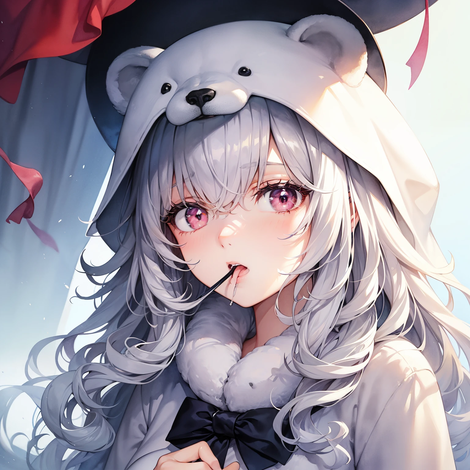 posters。 illustrations。(watercolor画、watercolor)is wearing a polar bear costume。The girl's color is white and her hair is silver。Long curly hair with pink eyes and loose curls。The girl with big, kind eyes。The sight of her opening her mouth slightly is impressive。