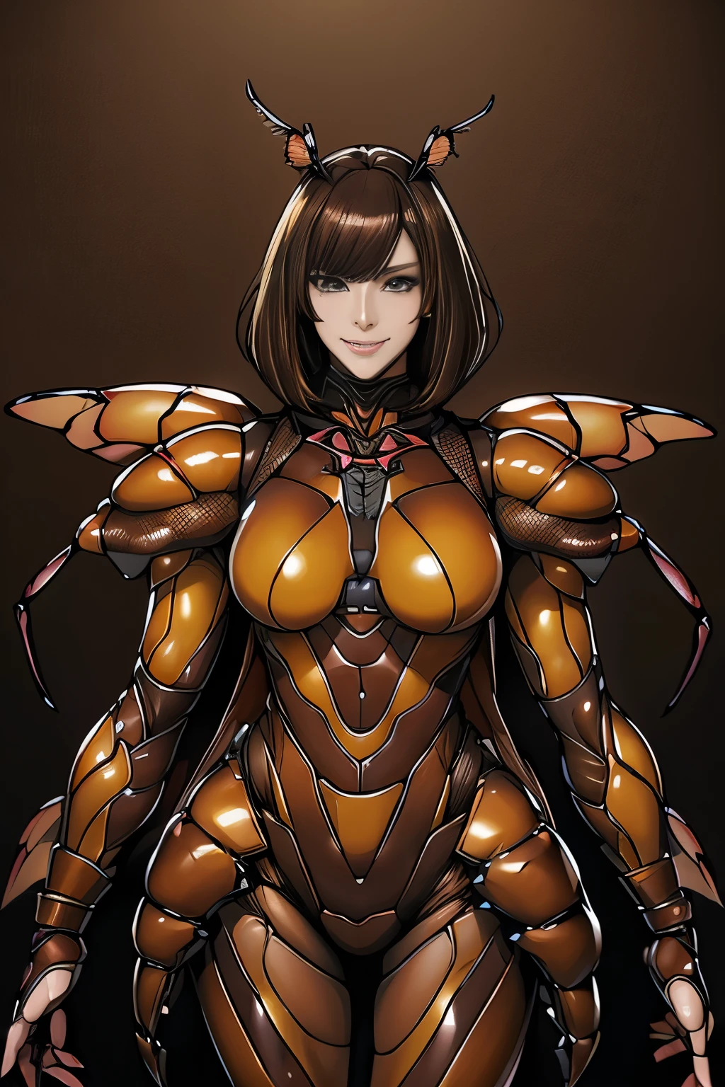 (High resolution,masutepiece,Best Quality,extremely details CG, Anime, Official art:1.4), Realistic, Photo, amazing fine details, all intricate, gloss and shiny,awesome many layers, 8K Wallpaper,3D, sketch, kawaii, Illustration,( Solo:1.4), perfect female proportion,villainess, (Fusion of dark brown cockroach and lady:1.4), (Brown cockroach forms ready:1.2), (Brown cockroach woman:1.2), (Fusion:1.2), (Solo:1.4), (Evil smile:1.2), muscular, Abs, (cockroach brown exoskeleton bio insect Suit:1.4), (Brown exoskeleton insect armor from cockroaches:1.2), (Brown transparent cockroach wings:1.4), (Brown cockroach antenna:1.3),