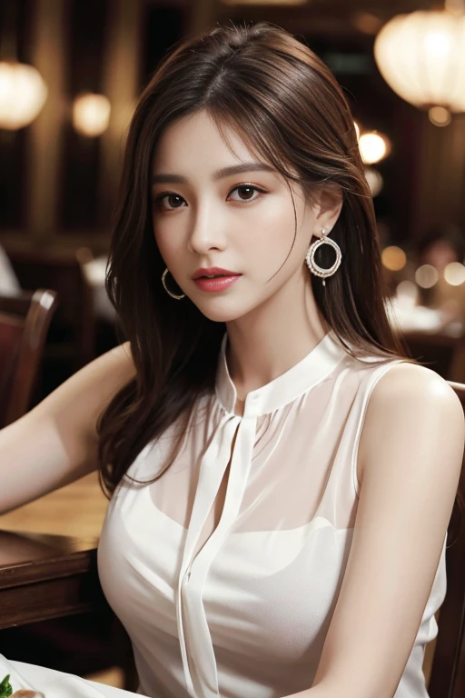 masterpiece, highest quality, Realistic, Very detailed, Finer details, High resolution, 8k wallpaper, One beautiful woman, Wear a black see-through shirt, In a great restaurant, At night, Light brown messy hair, Perfect dynamic composition, Beautiful and beautiful eyes、Big earrings