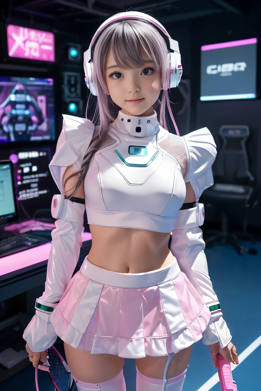 (TOP QUALITY, high resolution, masterpiece:1.2), very well detailed, realistic:1.37, (Perfect Anatomy),1 girl, actress, shot by cowboy, cute and beautiful 21-year-old girl , very cute face, ( change to cyber digital guardian :1.2), Standing posture ,(Laughter),( beautiful pink eyes under the tennis court), beautiful skin,( Futuristic and cute white and pink body-fitting shiny cyber guardian suit and ruffled mini skirt:1.2), , charming idol makeup ,gray hair shortcut,,(Cable connecting head and body :1.4)、 connecting to computer ,cute pose,Cyberpunk,( background is complicated computer circuit and LED .:1.2)
