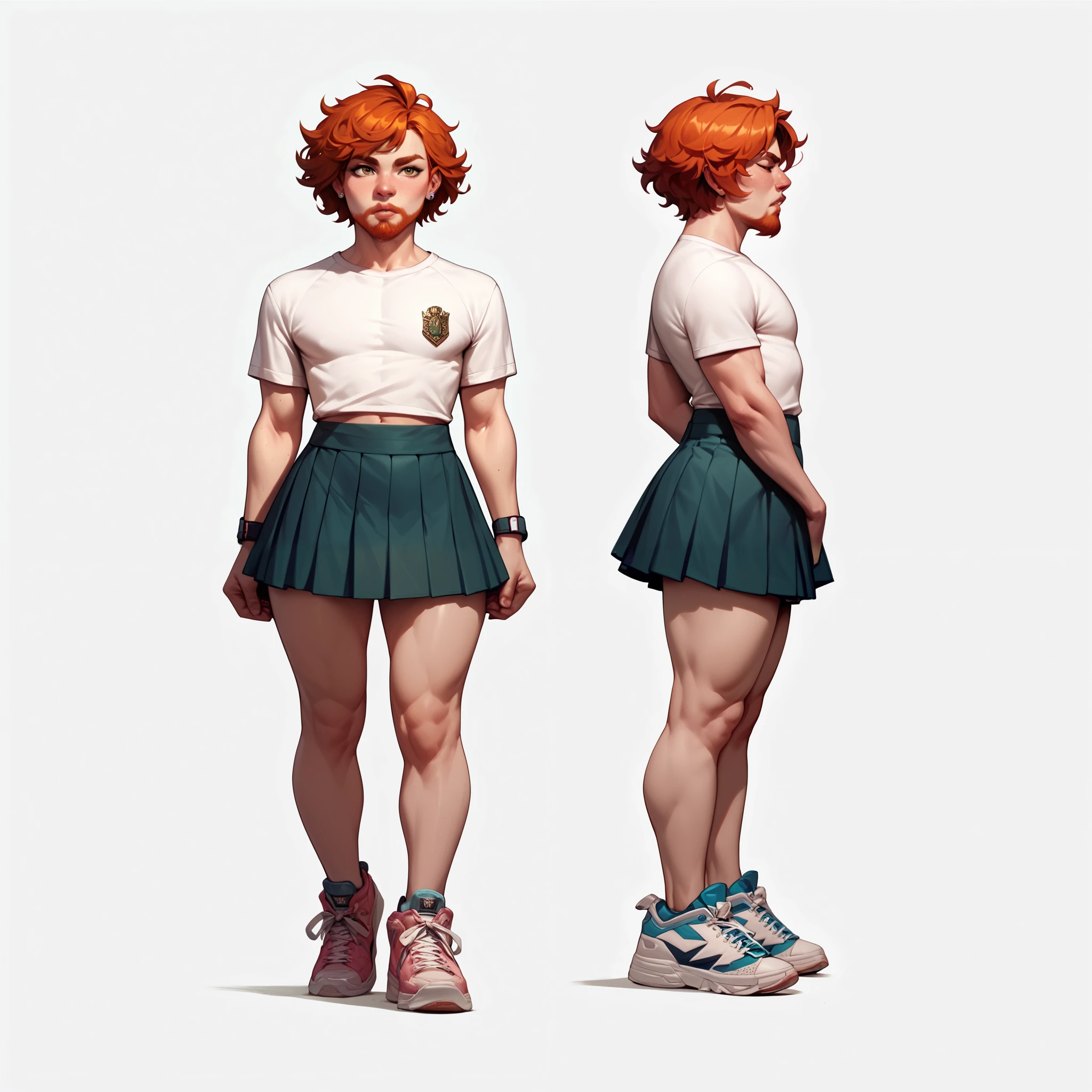 dwarf femboy, very short height, full body shot, (short height:1.4), (short arms, short legs:1.3), beard, (male upper body:1.3), (skirt, sneakers:1.3), (naked upper body:1.3)