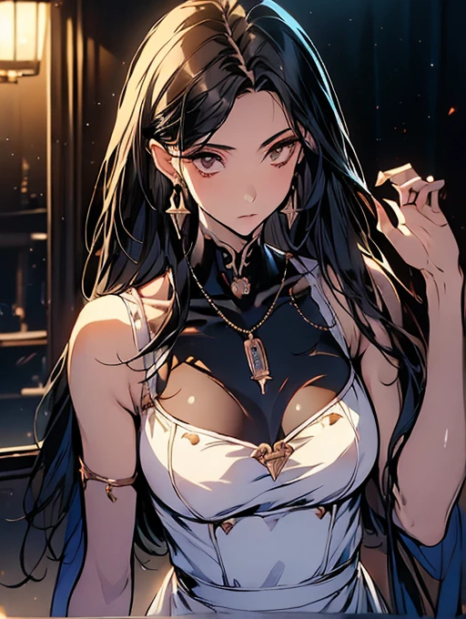 (Super detailed:1.3), ((((best quality)))), ((masterpiece)), female focus, solo,hotify, stunning beauty, powerful glow, detailed face, detailed eyes, detailed lips,castle interior background,(nighttime),moonlight,((black hair)),long hair,red eyes, (pale skin:1.2),melancholic expression,straight bangs,bangs covering forehead,almond-shaped eyes,very cute face,cowboy shot, (hair over one eye),sheer sleeves,(2 arms),nude
