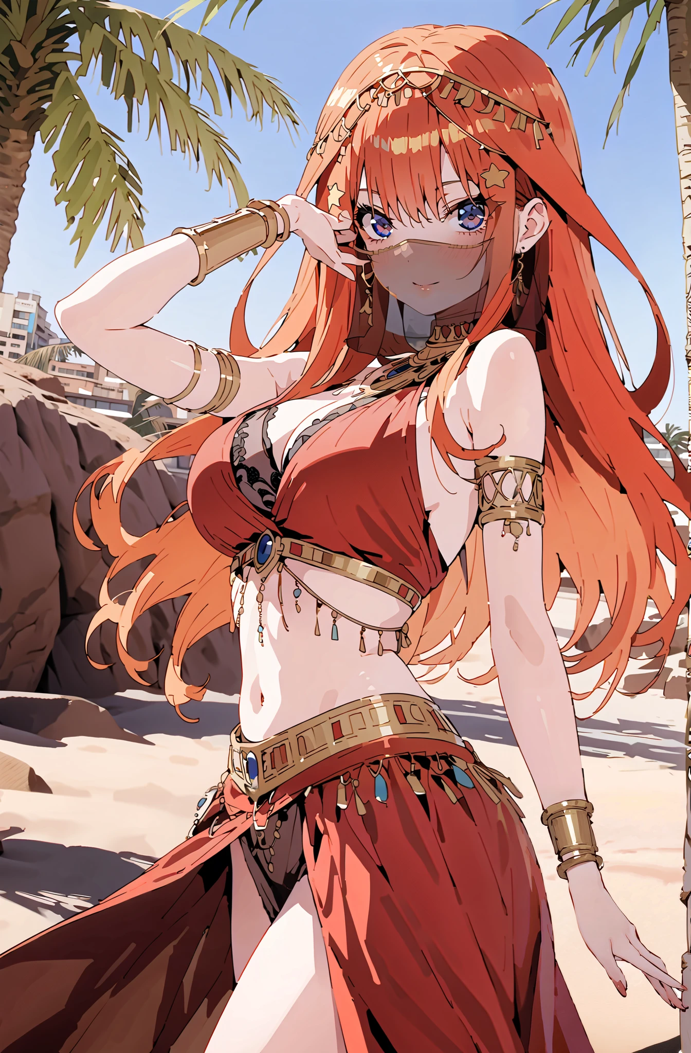 Nakano Mizuki ,  long hair,  blue eyes, hair ornaments close to the garden,  red hair, star (  symbol ), star hair ornaments close to the garden, Big Breasts, Chest Valley,Arabian clothing,  dancer , mouth Veil, belly Dancing, Veil,  armlet, palm tree, Bare legs,break outdoors, desert,
break looking at viewer,whole body,
break (masterpiece:1.2),TOP QUALITY , kampala, Unity 8K Wallpaper ,(shape:0.8),(  fine, beautiful eyes  :1.6),It's a person ,whole body写真,CG Details , ( perfect hands,Complete Anatomy),