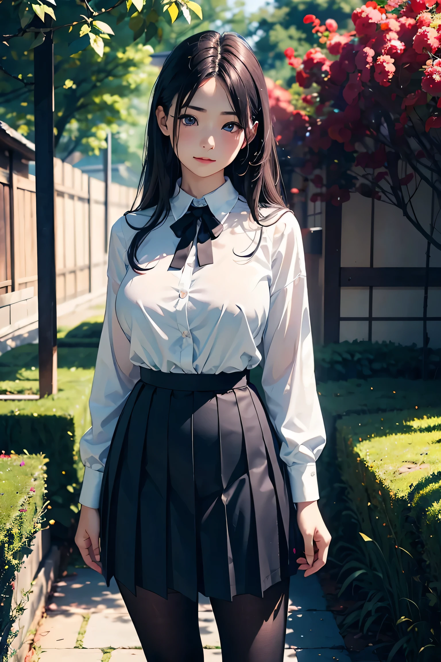 Red autumn leaves　Path in the woods　Pretty girl smiling　Black eyes　Long light blue hair　Autumn sunny　Yellow skirt flows　White blouses　Falling leaves flutter