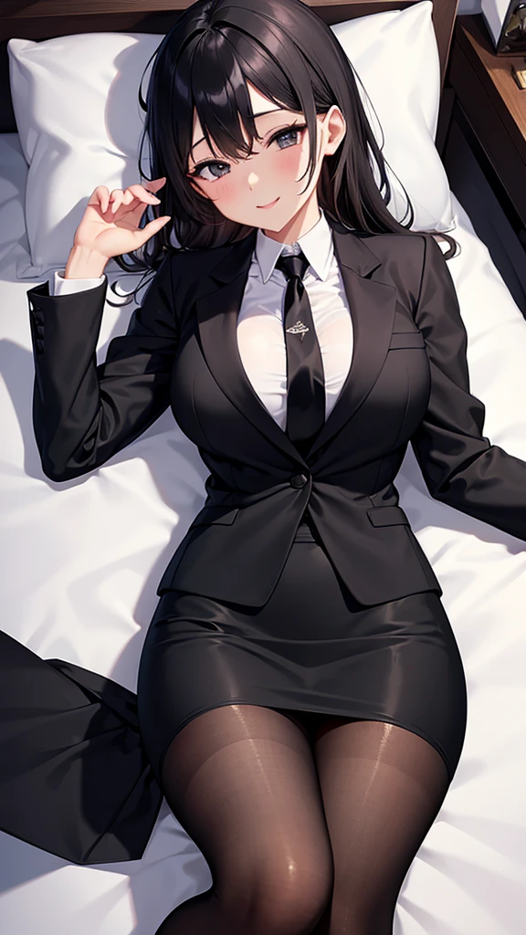 masterpiece,best quality,1woman solo,cowboy shot,20 year old beauty、black hair,long hair,blunt bangs,black eyes,shy look、ideal ratio body proportions,slender body,medium breasts,gleaming skin,Perfect Anatomy:1.2,sitting,sweat,wet crotch,(black blazer jacket、white shirt、black tie、black tight skirt、mini skirt、thigh_gap, black_thighhighs),train、Inside the car、seat、congestion、Tokyo、