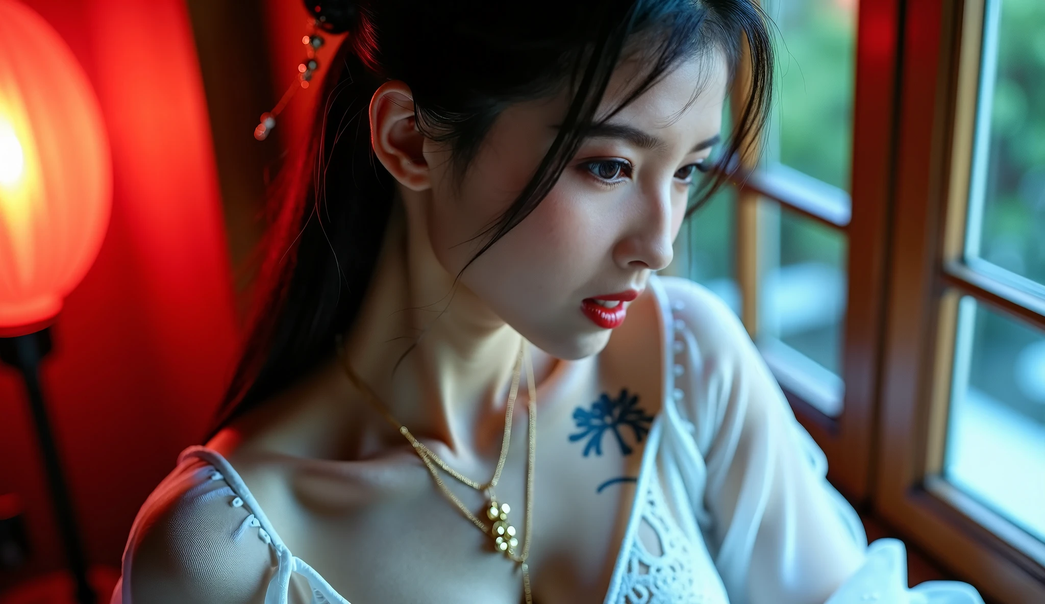 ((masutepiece:1.4), (of the highest quality:1.4), (Realistic:1.7), By Luis Royo, Beautiful Girl, Super beautiful girl, ((1girl in:1. 4), Shiny natural skin texture, Authors: By Luis Royo, 19 years old, (Cute tattoos:1. 4), (Two arms: 1.4, Two legs: 1.4), (Perfect female body: 1.4), (Perfect female body: 1.) 4), Portrait photo of a girl, Close-up photos,((low angles)), Fantasy Art, Soft front light, Beautiful expression, Kawaii face, Beautiful breasts, Large Full Breasted: 1. 2, Beautiful buttocks, Fine eyes, Clear and eye-catching, beautiful and alluring, Beautiful eyes, thin waist, Raw photo, Red lips, Long hair 、 ((No red skirt)), 1 Screen View, ((Woman lying on bed on sleeper train、Woman drinking wine)), (sexyposture), (the milky way in the sky), ((No bra)), ((Open legs)),((White lace panties visible)),((Red face))、((She is holding a wine glass in her hand)),((Eyes closed))