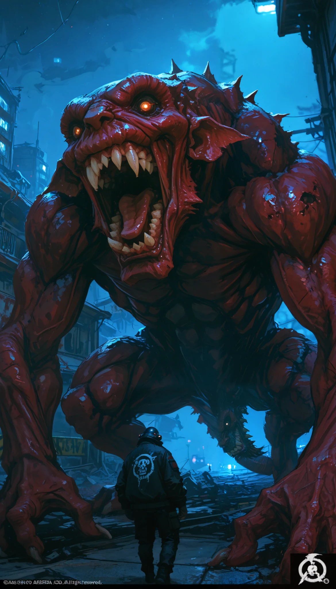  score_9,  score_8_arriba,  source  _ cartoon , 2d,  night, terrorist, monster, alas, sharp teeth, bright eyes
