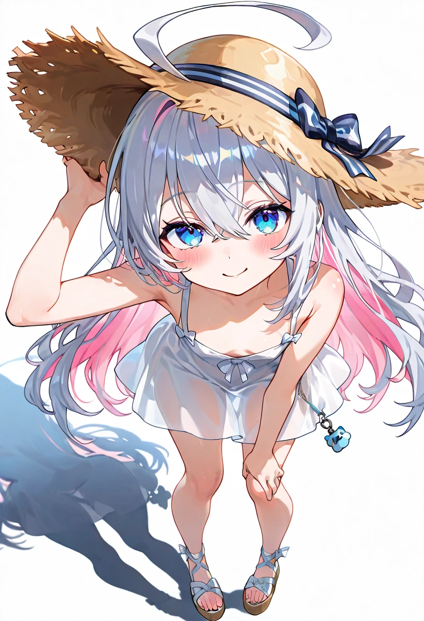 (Superflat, Flat Shading, Flat Color:1.1), (summer),(Ocean:1.3) (White sand beach), (１０Year old girl), , change, Blonde, White T-shirt, (White panties:1.2), blush, Open your mouth, (Showing tongue), Selfie, View from below, (Low Angle), White cloud,Palm tree, Bright sunlight, Vibrant colors, Best Shadow, watercolor,