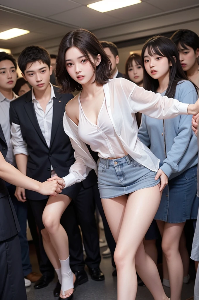 highest quality、8K、masterpiece、ultra high resolution、clear pictures、realistic pictures、Photoreal、professional lighting、Cinematography、pretty girl、National beautiful girl、idol sculpture、round face、very short hair、Super Slender、delicate body、thin waist、I'm wearing a pink mini dress、I'm wearing a white bra:1.6、whole body photography、Without looking at the camera、(Ride a crowded train:1.6、stand in the aisle:1.4、Woman raises her arm:1.6、(Crowded car interior))、(Close physical contact with men、(A man hugs me from behind:1.6)、(A man grabs a woman's breasts through her clothes:1.6)、hide the nipples:1.6、molestation:1.6)、whole body、woman shedding tears:1.4