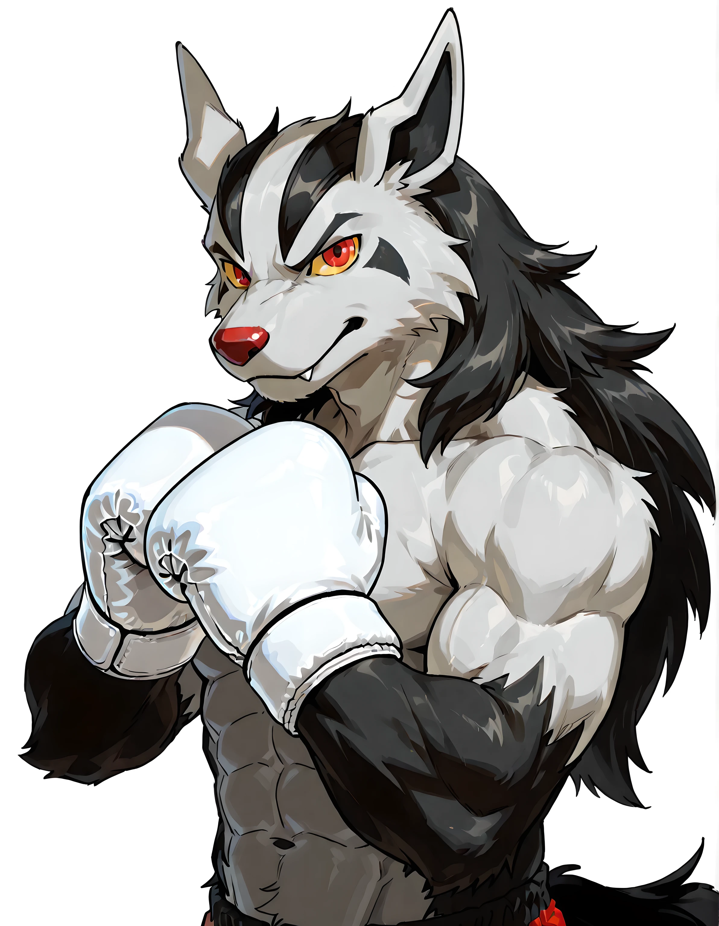 mightyena, high quality, male, solo, white background, no background, looking at viewer, posing, half body, muscular, wearing white boxing_gloves, pov_boxing, boxing posture, boxing stance, front view, red eyes, yellow sclera