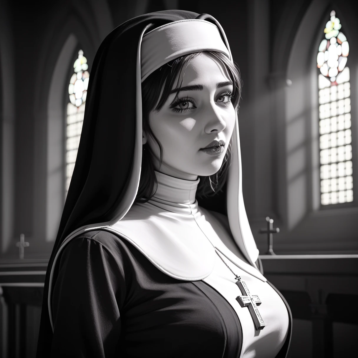 (best quality,ultra-detailed),(realistic,photorealistic:1.37),black church,detailed face expression,beautiful detailed eyes,long curly black hair,busty cleavage nun,nude,soft lighting,vivid colors,religious art,contrasting shadows,serene atmosphere,sacred,peaceful,tranquil,spiritual,classic art style,total perfectionism,depth and richness,silence and tranquility