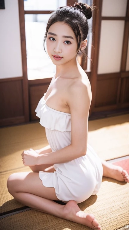 Photorealsitic, Realistic, Raw photo, masutepiece, Best Quality, hight resolution, the Extremely Detailed CG Unity 8K Wallpapers, detaileds, Film grain, Detailed skin, Natural lighting, Symmetrical, extremely delicate and beautiful, Illustration, Highly detailed background,
1girl in, Medium Hair, Slim legs, delicate and pretty, Perfect face, Beautiful and detailed eyes, Fair skin, Real Human Skin, Pore, (Japan student:1.2),
(Small breasts, Camisole Mini Dress), (From below:1.2), (Spanning the balance beam, Closed school gymnasium), Sit on the balance beam, Spanning the balance beam