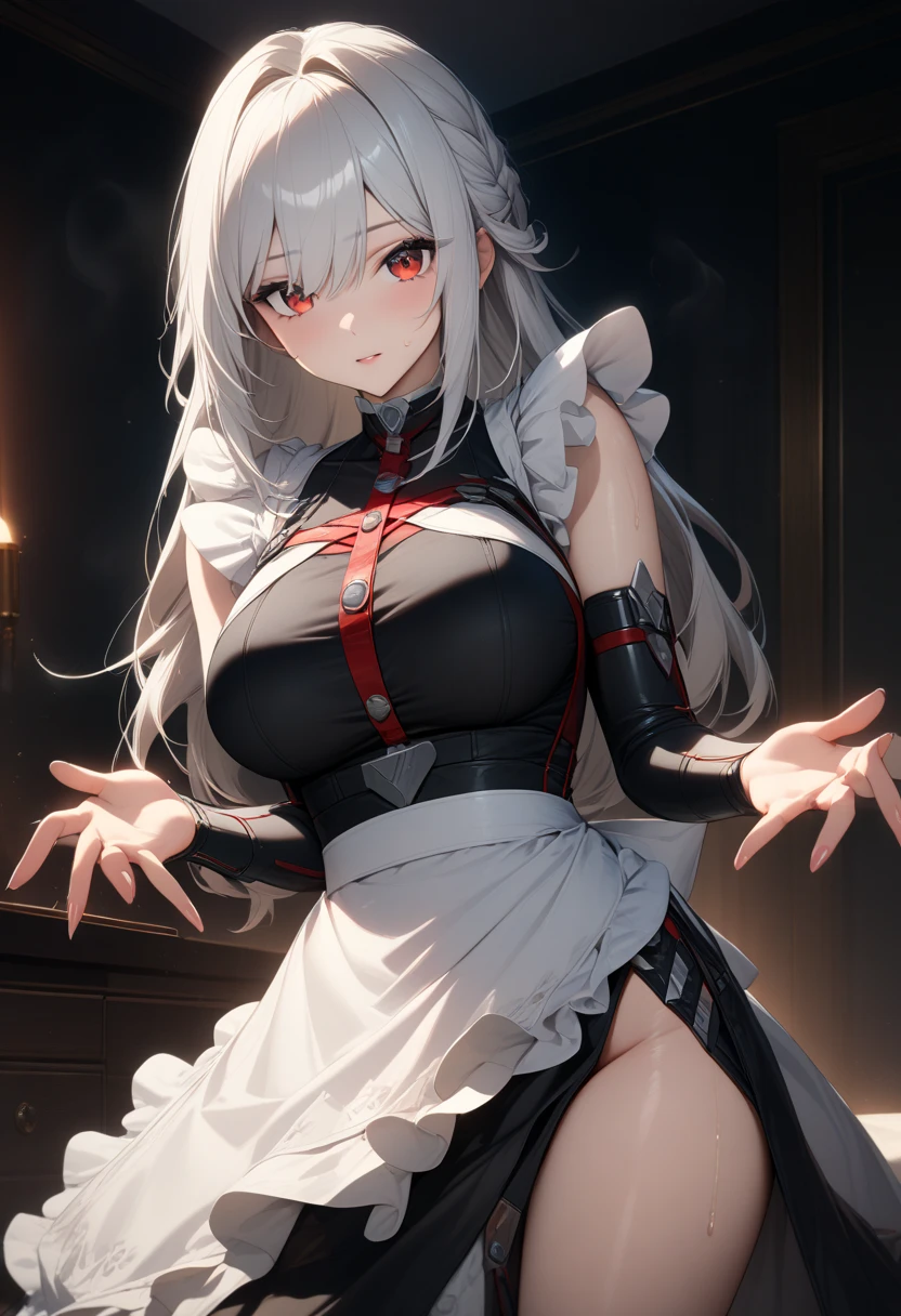 ((masterpiece)), ((Best quality)), (high resolution), (illustration), (an extremely delicate and beautiful), (ultra detailed beautiful face and eyes), nsfw, 1girl, leaning forward, YukineChris, long hair, purple eyes, twintails, low twintails, ahoge, large breasts, fishnet pantyhose, red a bow tie, volumetric lightning, detailed skin texture, detailed, volumetric shadow, anime screencap,Highest quality, Sorceress, ancient lonian nobility, ((tan skin:1.2)), (brown skin color),Long hair, twin braids, hair ornament, wine colored hair, smile, Below average size breasts, bare shoulders, (underboob:0 Raise your legs vertically、Ready your gun?、Stretching arms forward to accentuate cleavage 8K, masterpiece, Best_quality, high_resolution, ultra_details, detailed, 1girl, 独奏, looking_at_viewer, upper_body, indoors, braid, blurry, bangs, white_hair, blurry_background, collared_shirt, church, hair_ribbon, hair_between_eyes, stained_Glass,sidelocks, depth_of_field, light_particles, window, french_braid, Alphonse Mucha Style, sharp focus, perfect hands, perfect face, perfect eyes, perfect light, dynamic light, natural light, Masterpiece, Best quality, red dress