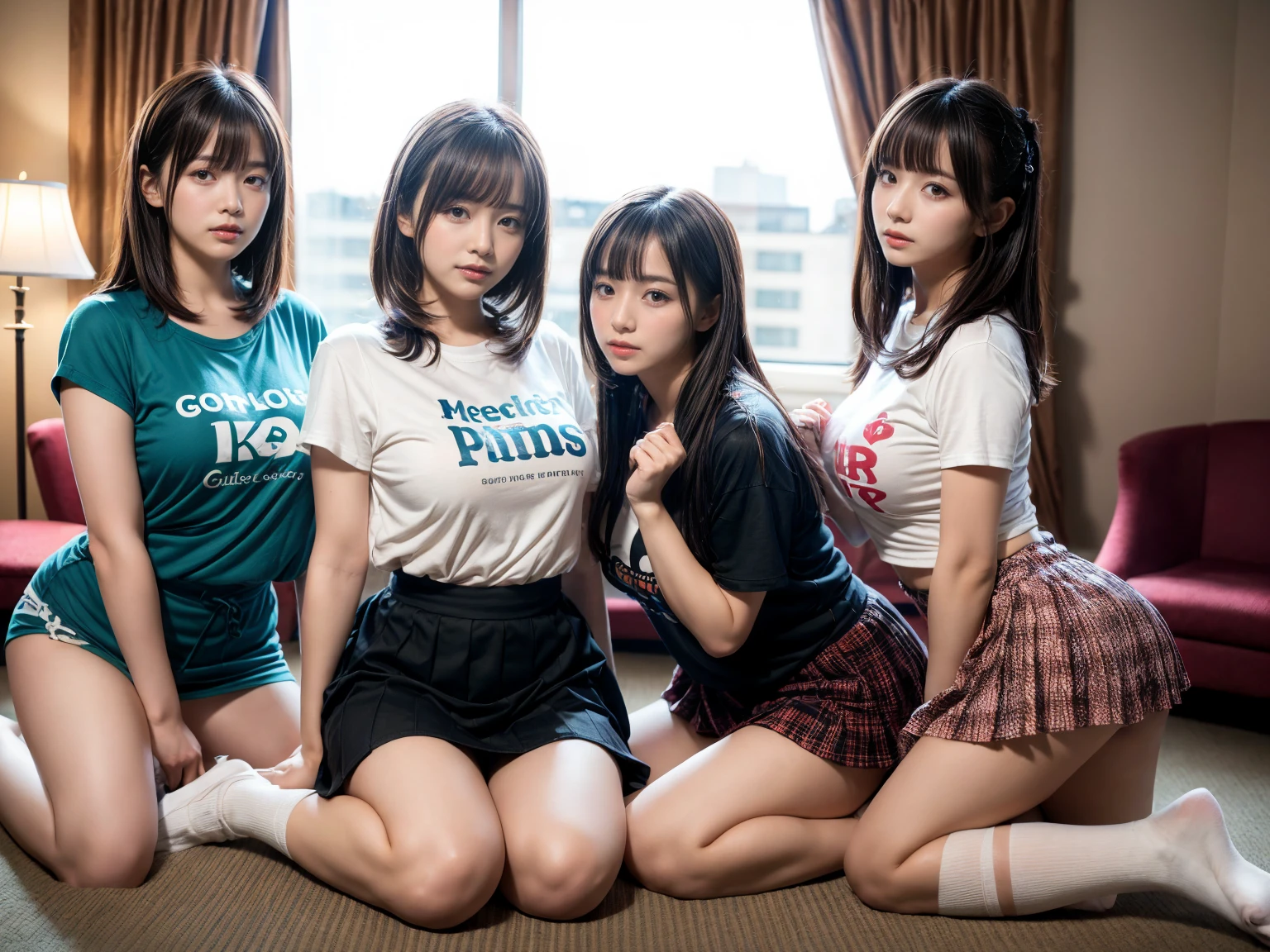(RAW photo, 4k, masterpiece, high resolution, extremely complex) (realistic: 1.4), cinematic lighting
((2 girls, 2 schoolgirls)),blushing,((innocent)),bright eyes,round eyes,blunt bangs,(short bob hair:1.3),black hair,large breasts,wide hips,Summer Noon, ,Hot, (Best Quality), (Highres), (an Extremely Delicate and Beautiful),(Beautiful 8k face),(Brown eyes),( spectators),(gigantic breasts),(Play with each other,Touching each other's bodies,Touching the body),(cheer girl:1.5),(a miniskirt),(reality),bright lighting,(The background is a luxury hotel room)