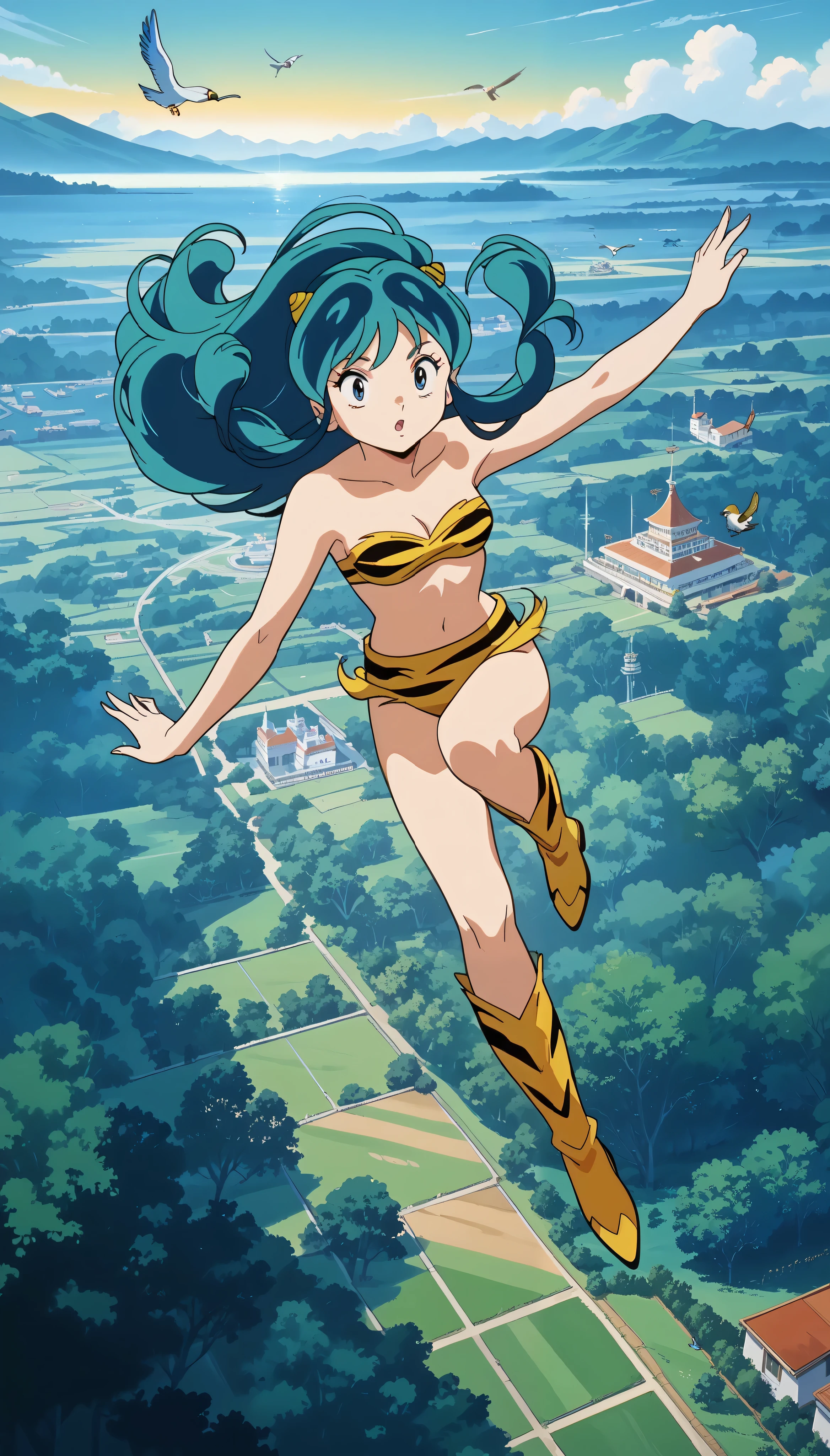  score_9,  score_8_up,  score_7_up, high res pictures,  source_Anime,  anime, Anime screencap, Anime coloring,  masterpiece, TOP QUALITY, great quality,  Urusei, Rampierrot, Official Art,  1980s \( style\), Alone, 1 girl, Ram, (fly through the air with birds:1.2), (tiger pattern bandou bikini, tiger pattern long boots),  white skin, Dynamic pose、with movement, outdoor, (The harbor district seen from above:1.4),
