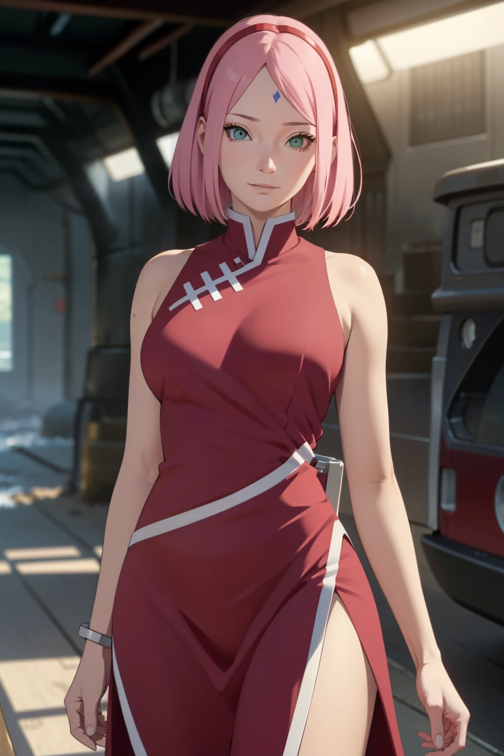 film movie still、1girl、24 years、pale-skinned、innocent smiles, hair in front of one eye、((A detailed face))、(Detailed skin)、Moist with intricate details、Shallow depth of field、[volume fog、shot at 8k resolution、Sakura Haruno, A pink-haired,short detailed hair, RED SUNDRESS, Green eyes,Close-up, PERFECT BODY FIGURE, BIG ASS, FOCUS ON THICC ASS, SEXY UCHIHA