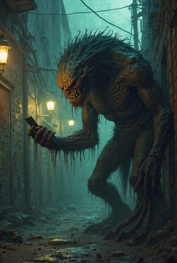 Night in the city、There are many demons behind、Horror-themed movie stills,、spooky、short、elder、Octopus-like head shape
