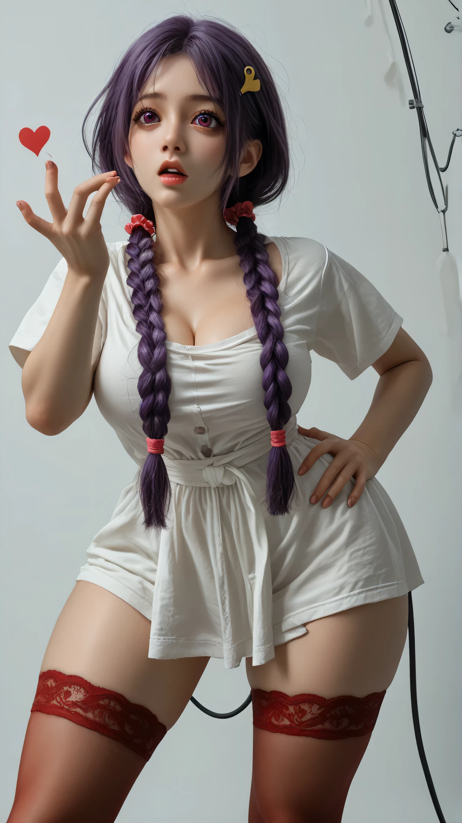 score_9, score_8_arriba, sharp focus,, absurdres, highres, illustration,
me_facing, 1 girl, dark purple eyes, purple hair, braids of hair, diadema, scrunchie, hair pins, leaning forward , hand on the hip , blowing kiss , heart, big breasts and big thighs,
brasier,Tanga Sexy, red sheer stockings,
white background,