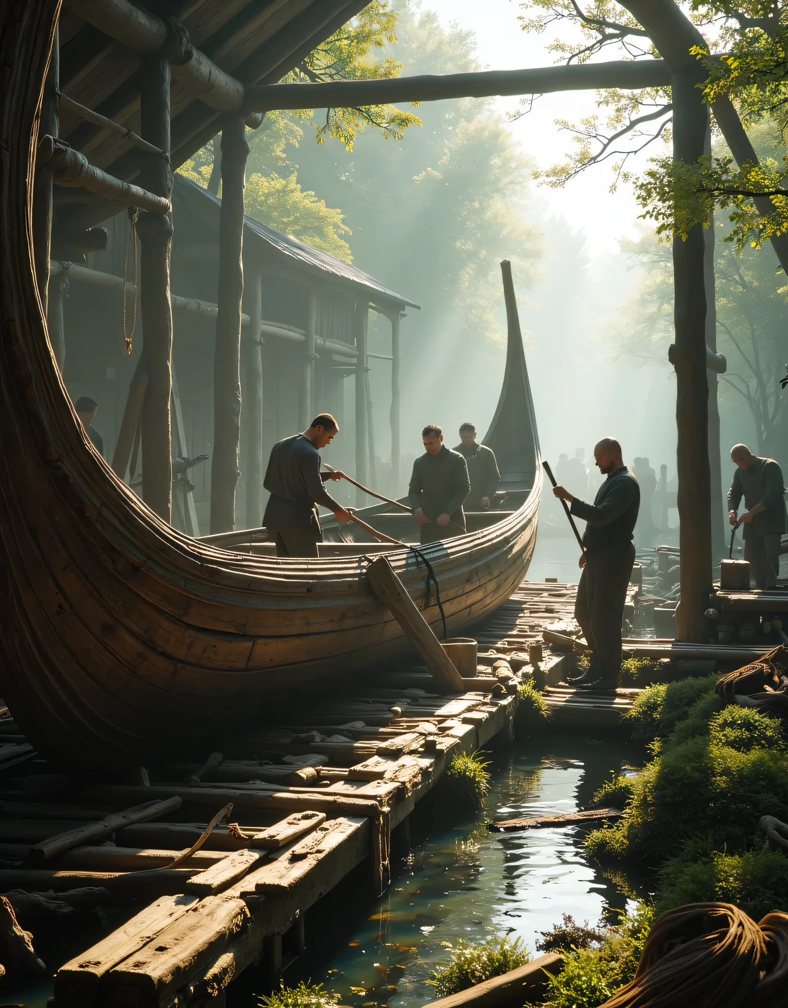 **Prompt:** Imagine a breathtaking panoramic scene rendered in Unreal Engine 5, set in a tranquil workshop where Viking engineers are diligently crafting and repairing a majestic wooden boat. The focal point of the composition should portray these skilled artisans amidst an intricately detailed ship dock, highlighting the craftsmanship involved. Capture the hyper-realistic textures of the wood, the shimmering water, and the soft earthiness of the surrounding landscape. Pay close attention to accurate human anatomy, reflecting their laborious endeavors as they collaborate in this age-old tradition. Use mixed lighting to illuminate the idyllic rural backdrop, with rays of sunlight streaming through the trees and casting gentle shadows on the scene. Integrate strong leading lines that draw the viewer's gaze through the workshop, illustrating the harmony between nature and human ingenuity. Ensure a wide-angle view that encapsulates the cinematic beauty of this prehistoric moment, evoking a sense of timelessness and connection to nature. Implement advanced 3D CGI shaders to enhance the depth and realism of the textures, making this artwork resonate with the essence of agrarian life and the profound artistry inherent in engineering practices. Aim for a visual experience that feels alive, rich with detail, and reminiscent of an exquisite nature documentary.