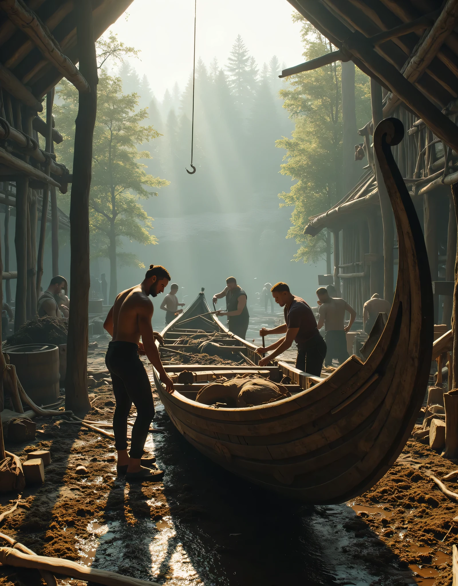 **Prompt:** Imagine a breathtaking panoramic scene rendered in Unreal Engine 5, set in a tranquil workshop where Viking engineers are diligently crafting and repairing a majestic wooden boat. The focal point of the composition should portray these skilled artisans amidst an intricately detailed ship dock, highlighting the craftsmanship involved. Capture the hyper-realistic textures of the wood, the shimmering water, and the soft earthiness of the surrounding landscape. Pay close attention to accurate human anatomy, reflecting their laborious endeavors as they collaborate in this age-old tradition. Use mixed lighting to illuminate the idyllic rural backdrop, with rays of sunlight streaming through the trees and casting gentle shadows on the scene. Integrate strong leading lines that draw the viewer's gaze through the workshop, illustrating the harmony between nature and human ingenuity. Ensure a wide-angle view that encapsulates the cinematic beauty of this prehistoric moment, evoking a sense of timelessness and connection to nature. Implement advanced 3D CGI shaders to enhance the depth and realism of the textures, making this artwork resonate with the essence of agrarian life and the profound artistry inherent in engineering practices. Aim for a visual experience that feels alive, rich with detail, and reminiscent of an exquisite nature documentary.