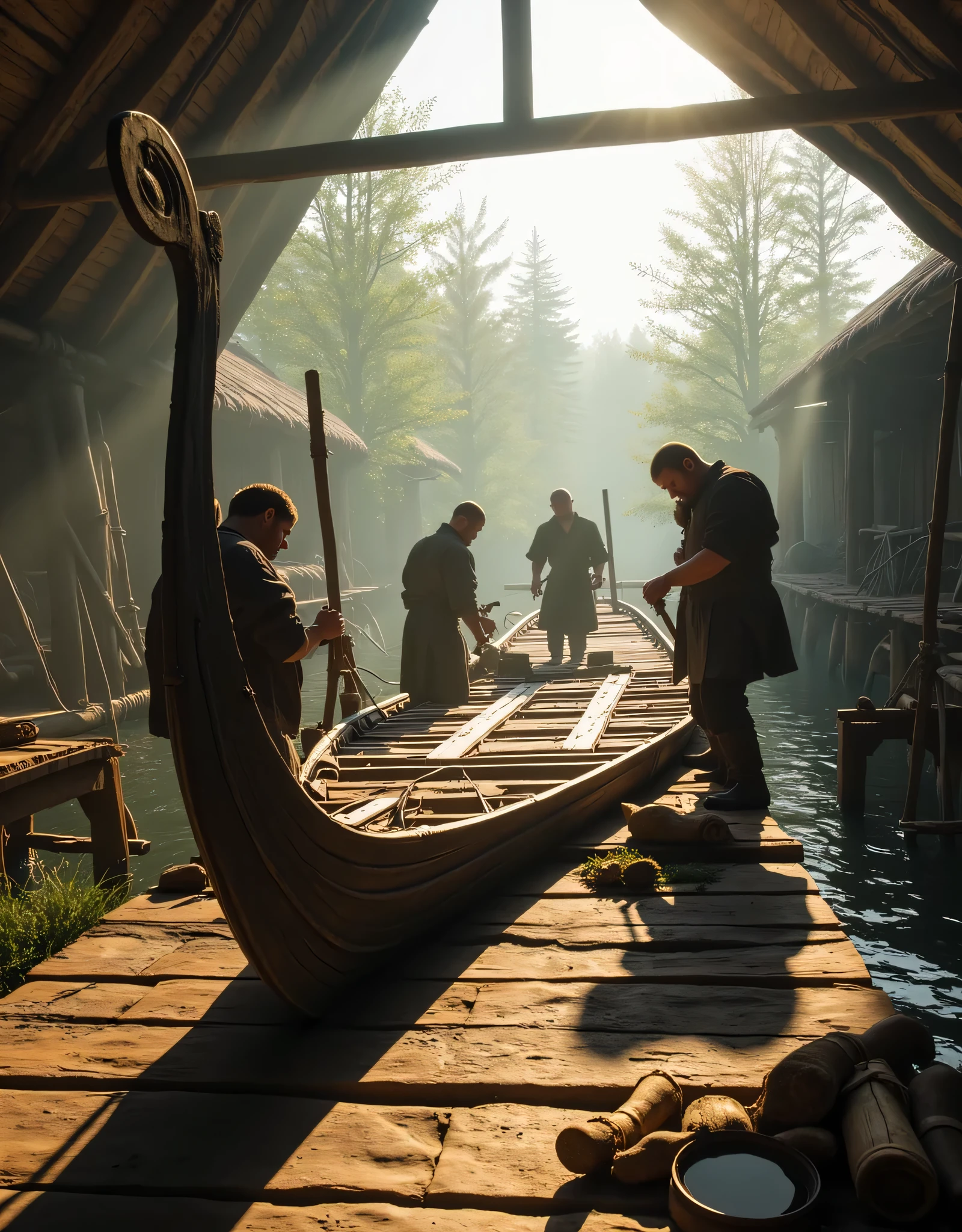 **Prompt:** Imagine a breathtaking panoramic scene rendered in Unreal Engine 5, set in a tranquil workshop where Viking engineers are diligently crafting and repairing a majestic wooden boat. The focal point of the composition should portray these skilled artisans amidst an intricately detailed ship dock, highlighting the craftsmanship involved. Capture the hyper-realistic textures of the wood, the shimmering water, and the soft earthiness of the surrounding landscape. Pay close attention to accurate human anatomy, reflecting their laborious endeavors as they collaborate in this age-old tradition. Use mixed lighting to illuminate the idyllic rural backdrop, with rays of sunlight streaming through the trees and casting gentle shadows on the scene. Integrate strong leading lines that draw the viewer's gaze through the workshop, illustrating the harmony between nature and human ingenuity. Ensure a wide-angle view that encapsulates the cinematic beauty of this prehistoric moment, evoking a sense of timelessness and connection to nature. Implement advanced 3D CGI shaders to enhance the depth and realism of the textures, making this artwork resonate with the essence of agrarian life and the profound artistry inherent in engineering practices. Aim for a visual experience that feels alive, rich with detail, and reminiscent of an exquisite nature documentary.