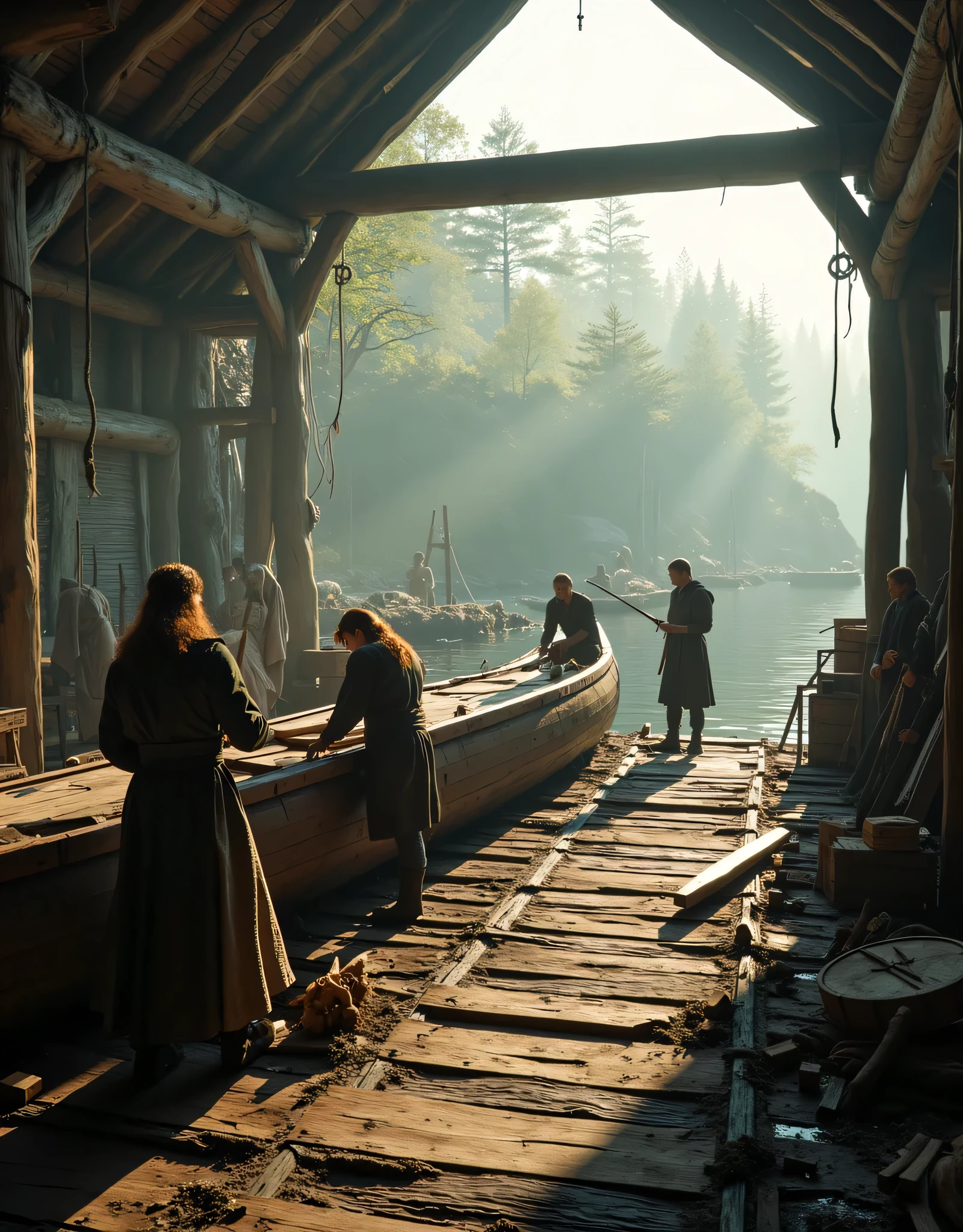 **Prompt:** Imagine a breathtaking panoramic scene rendered in Unreal Engine 5, set in a tranquil workshop where Viking engineers are diligently crafting and repairing a majestic wooden boat. The focal point of the composition should portray these skilled artisans amidst an intricately detailed ship dock, highlighting the craftsmanship involved. Capture the hyper-realistic textures of the wood, the shimmering water, and the soft earthiness of the surrounding landscape. Pay close attention to accurate human anatomy, reflecting their laborious endeavors as they collaborate in this age-old tradition. Use mixed lighting to illuminate the idyllic rural backdrop, with rays of sunlight streaming through the trees and casting gentle shadows on the scene. Integrate strong leading lines that draw the viewer's gaze through the workshop, illustrating the harmony between nature and human ingenuity. Ensure a wide-angle view that encapsulates the cinematic beauty of this prehistoric moment, evoking a sense of timelessness and connection to nature. Implement advanced 3D CGI shaders to enhance the depth and realism of the textures, making this artwork resonate with the essence of agrarian life and the profound artistry inherent in engineering practices. Aim for a visual experience that feels alive, rich with detail, and reminiscent of an exquisite nature documentary.