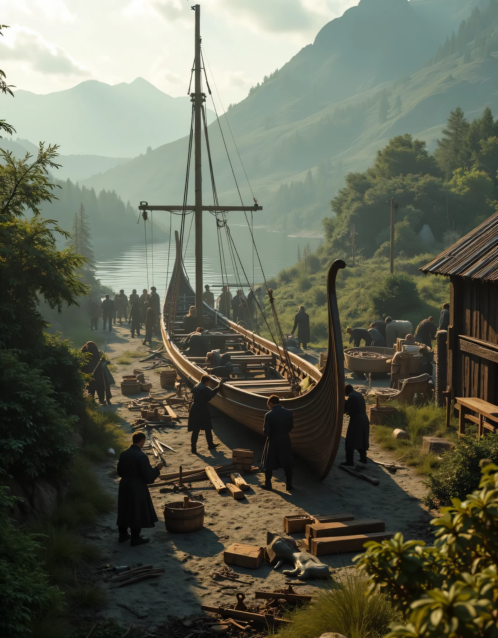**Prompt:** Create an ultra-realistic panoramic image using Unreal Engine 5 that captures a serene workshop scene. The center of the composition should feature groups of Viking engineers intricately building and repairing a wooden boat. Emphasize the hyper-realistic details of ship dock landscape scenery, showcasing accurate human anatomy as they work diligently on the ship dock. Utilize mixed lighting to highlight the idyllic rural landscape and implement central leading lines to guide the viewer’s eye through the scene. Make sure to include a wide-angle perspective that zooms out, providing a cinematic view of this prehistoric yet beautifully balanced scenery. The ambient atmosphere should feel alive, reflecting the beauty of agrarian life while utilizing advanced 3D CGI shaders for enhanced texture depth. This artwork should evoke a sense of connection to nature and the timelessness of engineering practices, reminiscent of a high-quality nature documentary.