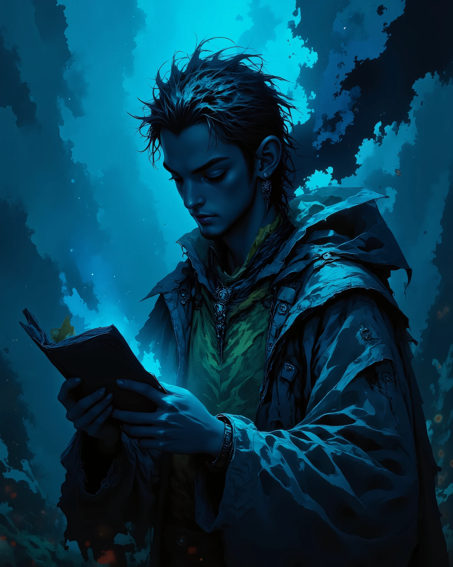 A silhouette of a young man with dark hair and soft stubble, ((very pale skin)), reading a (thick old medieval codex), thick mist, ((((deep dark sapphire blue color)))), at night, darkness, shadow, masterpiece, digitalart, painting, split complementary palette, muted, monochromatic, achromatic, (cinematic artistic composition), best quality, (ancient feel), philosophy, (flickers of floating glowing tiny blue particles.)