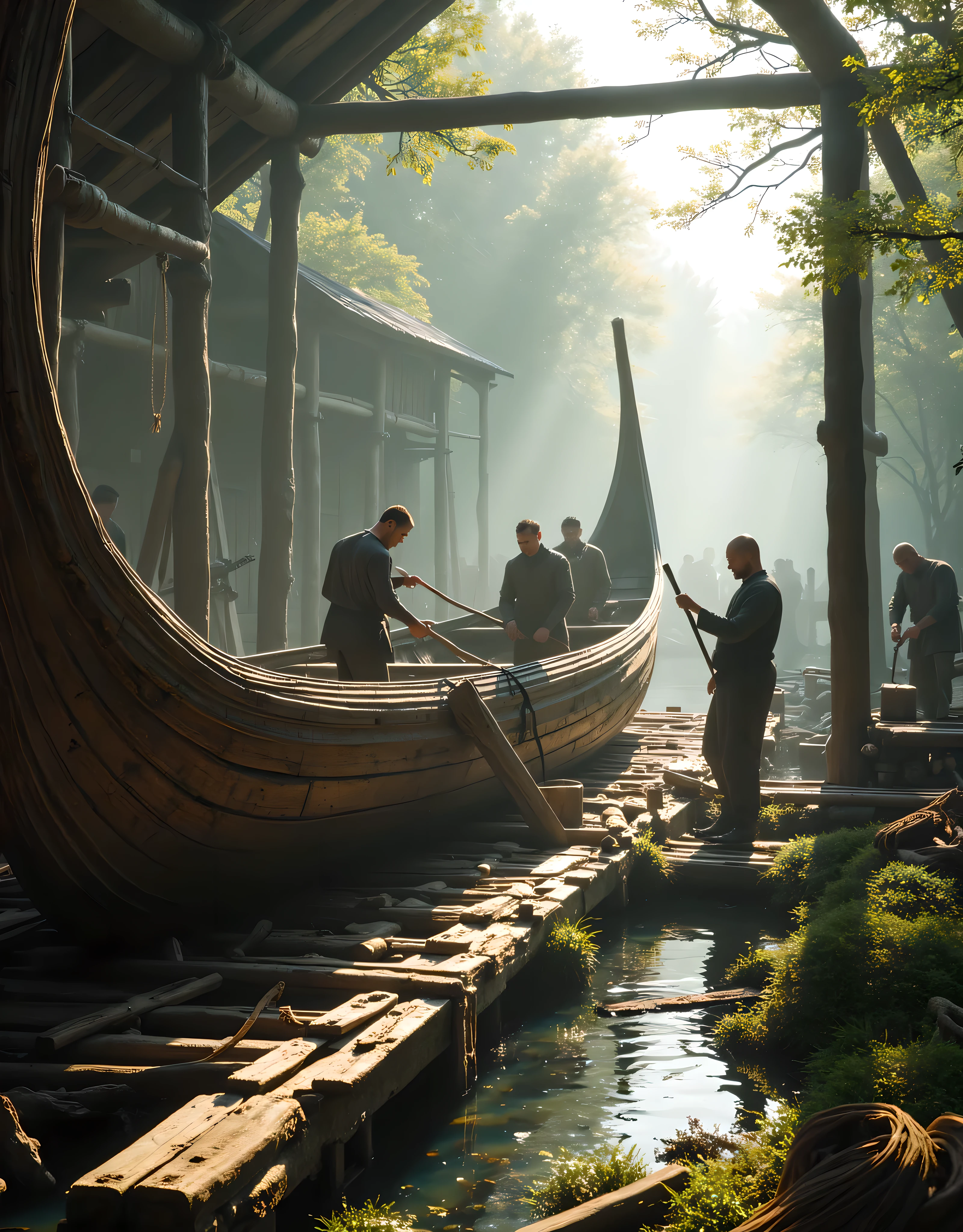 **Prompt:** Imagine a breathtaking panoramic scene rendered in Unreal Engine 5, set in a tranquil workshop where Viking engineers are diligently crafting and repairing a majestic wooden boat. The focal point of the composition should portray these skilled artisans amidst an intricately detailed ship dock, highlighting the craftsmanship involved. Capture the hyper-realistic textures of the wood, the shimmering water, and the soft earthiness of the surrounding landscape. Pay close attention to accurate human anatomy, reflecting their laborious endeavors as they collaborate in this age-old tradition. Use mixed lighting to illuminate the idyllic rural backdrop, with rays of sunlight streaming through the trees and casting gentle shadows on the scene. Integrate strong leading lines that draw the viewer's gaze through the workshop, illustrating the harmony between nature and human ingenuity. Ensure a wide-angle view that encapsulates the cinematic beauty of this prehistoric moment, evoking a sense of timelessness and connection to nature. Implement advanced 3D CGI shaders to enhance the depth and realism of the textures, making this artwork resonate with the essence of agrarian life and the profound artistry inherent in engineering practices. Aim for a visual experience that feels alive, rich with detail, and reminiscent of an exquisite nature documentary.