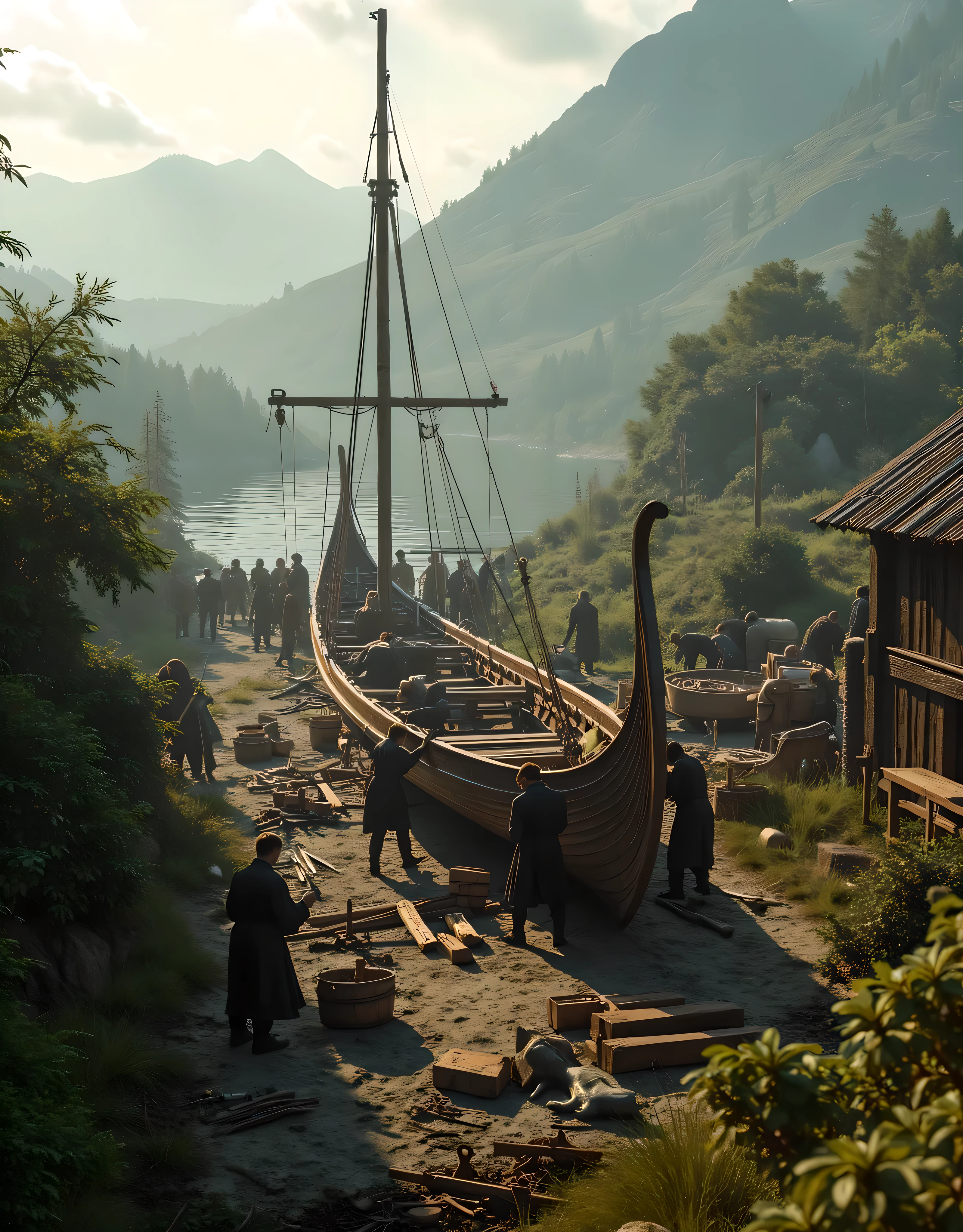 **Prompt:** Create an ultra-realistic panoramic image using Unreal Engine 5 that captures a serene workshop scene. The center of the composition should feature groups of Viking engineers intricately building and repairing a wooden boat. Emphasize the hyper-realistic details of ship dock landscape scenery, showcasing accurate human anatomy as they work diligently on the ship dock. Utilize mixed lighting to highlight the idyllic rural landscape and implement central leading lines to guide the viewer’s eye through the scene. Make sure to include a wide-angle perspective that zooms out, providing a cinematic view of this prehistoric yet beautifully balanced scenery. The ambient atmosphere should feel alive, reflecting the beauty of agrarian life while utilizing advanced 3D CGI shaders for enhanced texture depth. This artwork should evoke a sense of connection to nature and the timelessness of engineering practices, reminiscent of a high-quality nature documentary.