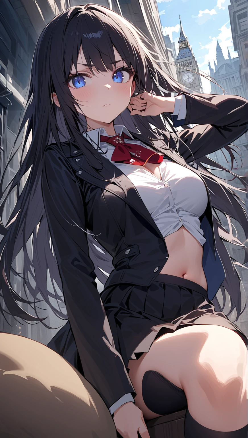 Cute girl，Cute, Unbuttoned, Slightly explicitly, Glasses,  Skirt, Bra flash, Put your hands on your hair,, Beautiful illustration with a smile、top-quality、highest  quality，Cute girls，Hair between the eyes、Random actions，Black color hair，No bra wearing，The body is wet，（White color blouse），（Exposes the at the base of the thigh），（Translucent top），long whitr hair、(((Black pleated skirt)))、（does not wear panties），（Not wearing Bra），Bare legged，ssmile，Be red in the face