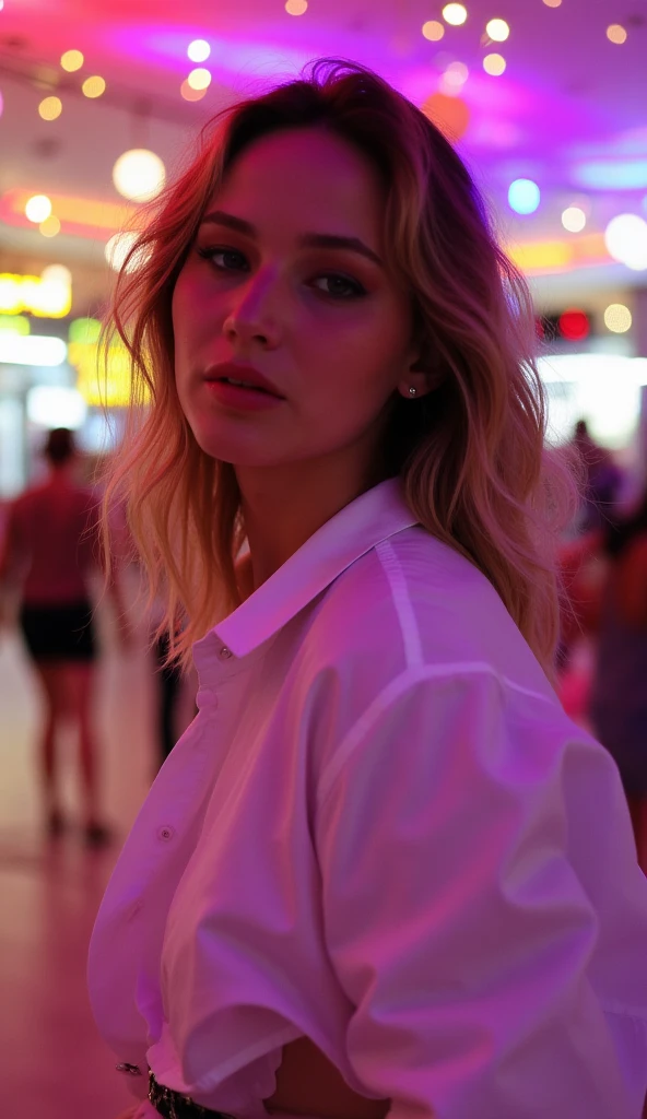 arafed woman standing next to a club in a city street, outrun art style, 80s outrun, outrun style, [ 4 k synthwave art style ]!!, miami synthwave, outrun, synthwave art, synthwave art style, gta vice city remastered, synthwave art style ]!!, synthwave style, (skinny business shirt), (tank top and shorts), big breasts), Perfect body, Blonde hair,