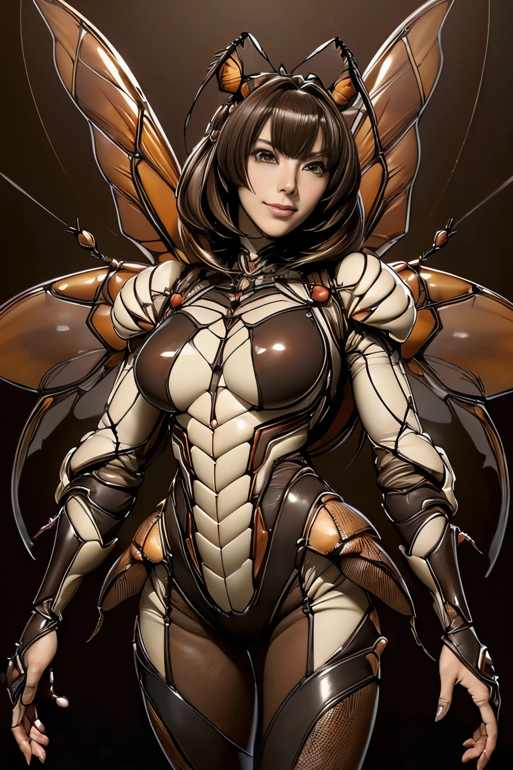 (high resolution,masterpiece,best quality,extremely detailed CG, anime, official art:1.4), realistic, photo, amazing fine details, all intricate, gloss and shiny,awesome many layers, 8k wall paper, 3d, sketch, kawaii, illustration,( solo:1.4), perfect female proportion,villainess, (fusion of dark brown butterfly and lady:1.4), (brown butterfly form lady:1.2), (brown butterfly lady:1.2), (fusion:1.2), (solo:1.4), (evil smile:1.2), muscular, abs, (butterfly brown exoskeleton bio insect suit:1.4), (butterfly brown exoskeleton bio insect armor:1.2), (brown transparency butterfly wing:1.4), (brown butterfly antennae:1.3),