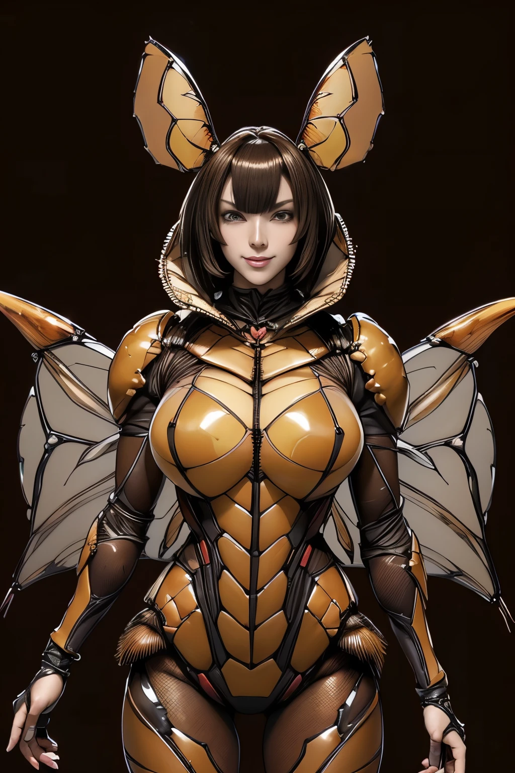 (High resolution,masutepiece,Best Quality,extremely details CG, Anime, Official art:1.4), Realistic, Photo, amazing fine details, all intricate, gloss and shiny,awesome many layers, 8K Wallpaper,3D, sketch, kawaii, Illustration,( Solo:1.4), perfect female proportion,villainess, (Fusion of dark brown cockroach and lady:1.4), (Brown cockroach forms ready:1.2), (Brown cockroach woman:1.2), (Fusion:1.2), (Solo:1.4), (Evil smile:1.2), muscular, Abs, (cockroach brown exoskeleton bio insect Suit:1.4), (Brown exoskeleton insect armor from cockroaches:1.2), (Brown transparent cockroach wings:1.4), (Brown cockroach antenna:1.3),