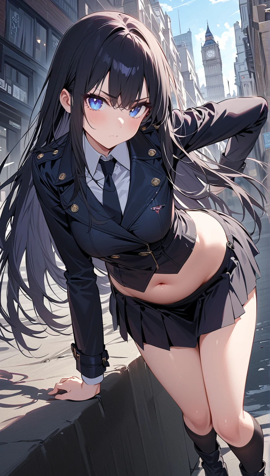 Pitohui_Elza, crazy smirk, masterpiece, best quality, highly detailed, a girls with a gun, open mouth, blazer, sexy gaze, (nsfw) not
safe for work, badass pose , evil smile, smile, black bra, anime girl with long hair, long haired girl,
navel, evil expression, exposed belly, exposed navel, exposed midriff, exposed lower belly, micro
miniskirt, micro pencil skirt, pencil skirt ,holding a gun, outdoor,street,road, navel piercing
