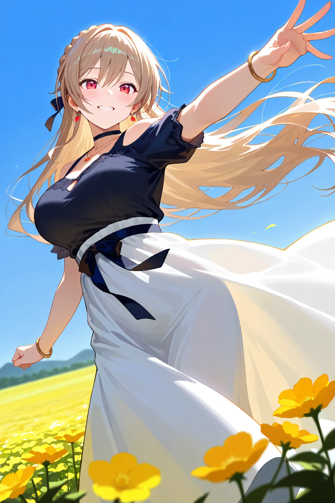 Masterpiece, Top quality, 1 beautiful girl, Blonde, medium Hair, wavy Hair, blunt bangs, silky hair, 16 year old, standard weight, (big breasts :1.1), (cool clothes:1.5), (happy :1.4), blush, closed eyes, open mouth, beautiful scene of theme park, blurry background, magnificent panorama view, sunset, (jumping:1.4), from below