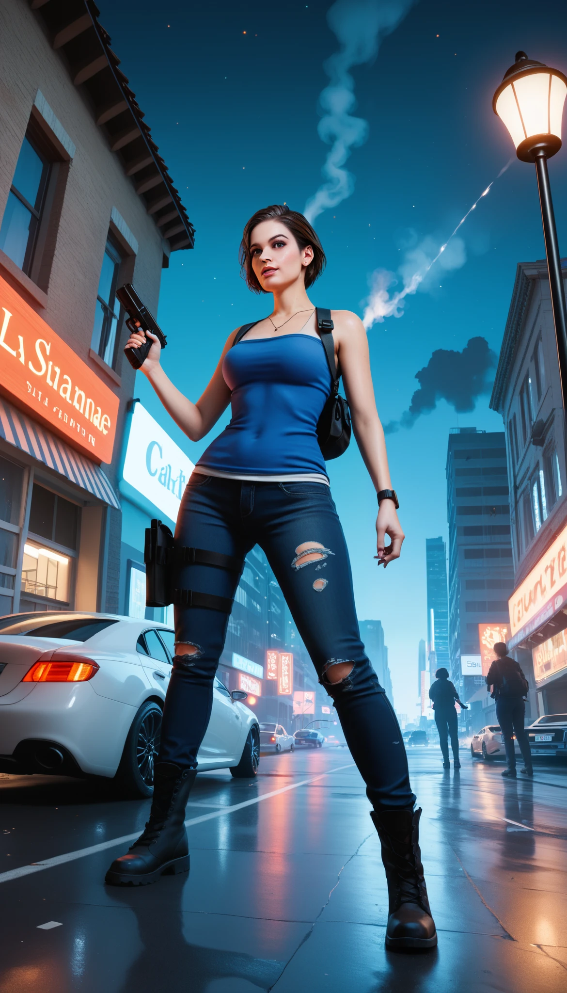 1girl, mature, jillvalentineSDXL, Dynamic mid-shot, slightly low angle, Jill Valentine in her Resident Evil 3 outfit, gripping a handgun with determination, minor dirt and battle damage on her skin and clothing, semi-realistic digital painting, Ultra-HD, high resolution high-detail textures, crisp definition. Dark, ruined cityscape with smoke and debris, sparks flying from damaged cars, flickering neon signs, Cool blues and grays, with contrasting warm firelight, Dramatic lighting, cinematic contrast with backlit glow from streetlamps and fire,8K ultra-sharp