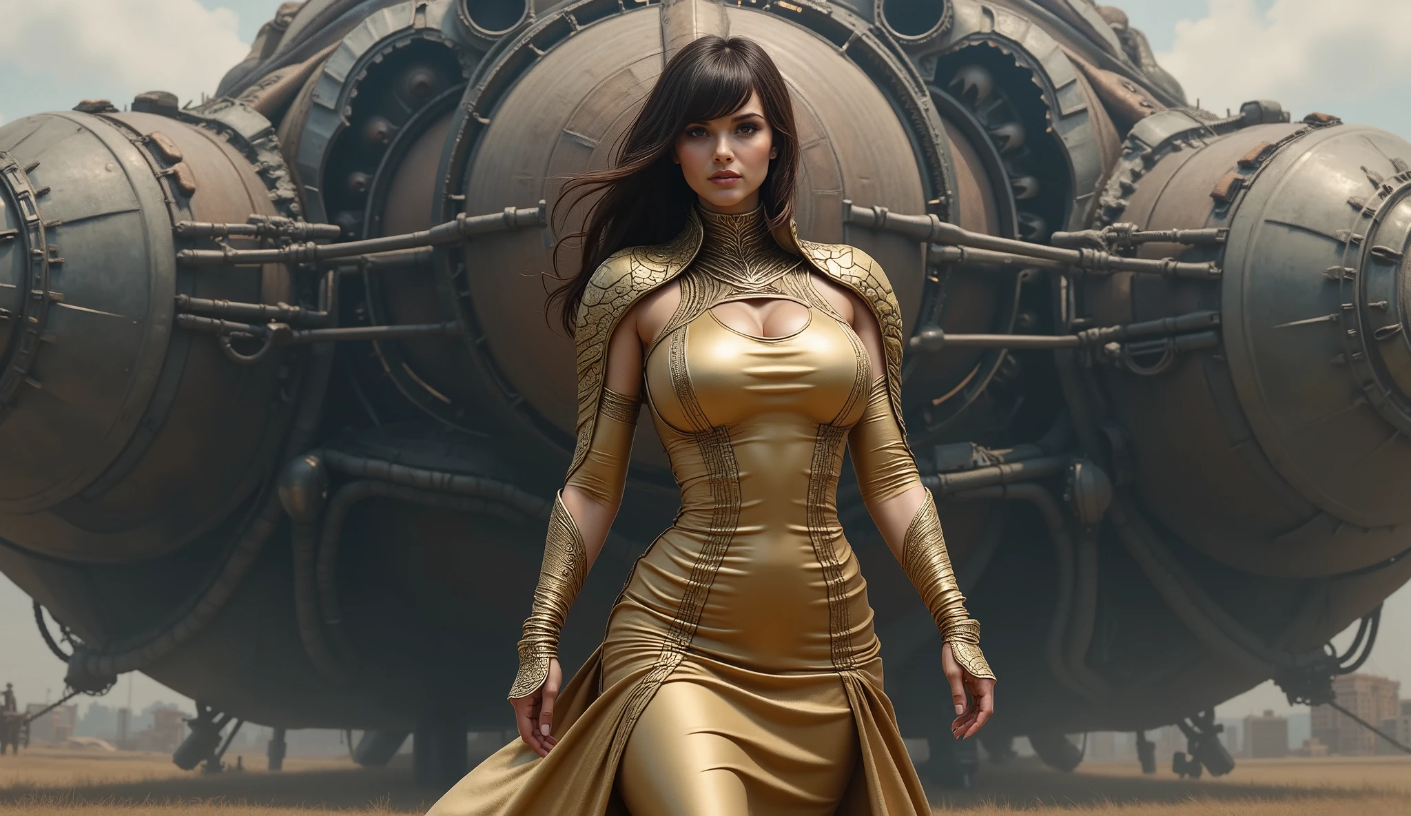woman standing in a futuristic dress inspired by H.G. Giger, large dieselpunk airship, Inspired by H.G. Giger, girl posing in armor {x} fantasy paladin woman, , Golden Armor