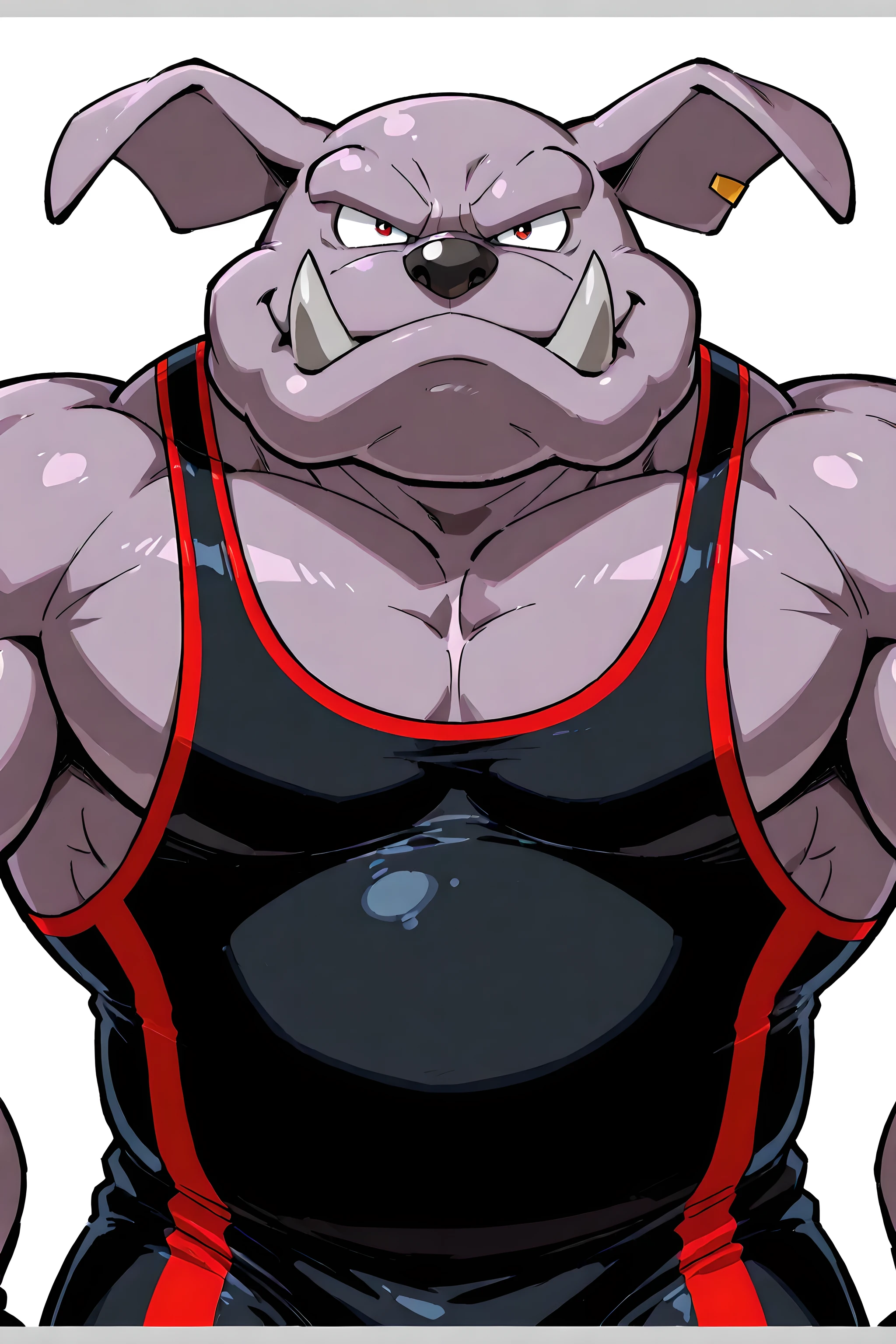 granbull, high quality, male, solo, white background, no background, looking at viewer, half body, muscular, heavyweight body, front view, wearing black and red wrestling singlet, puffed chest, proud posture