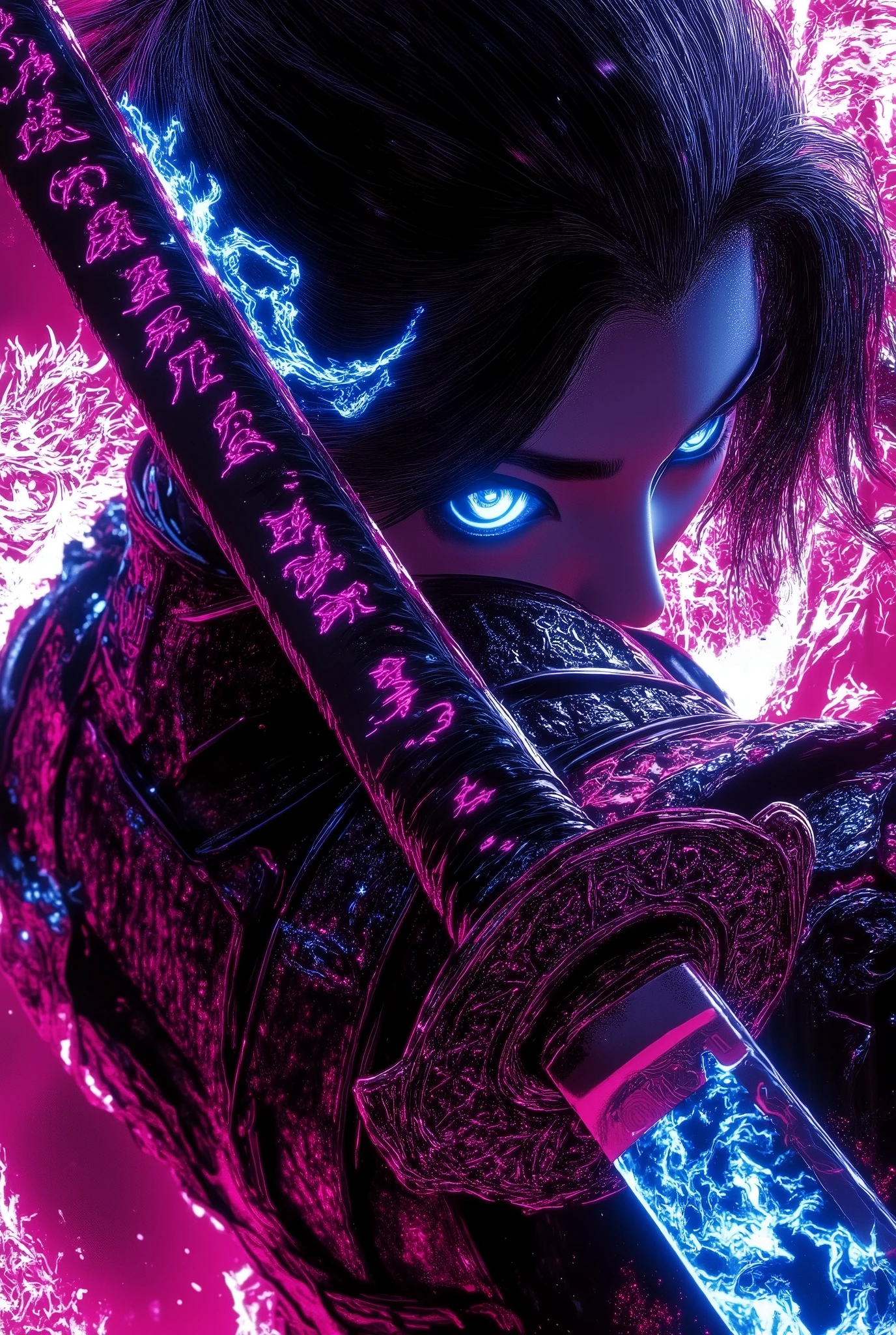 1girl ,megalodon art as a background , Works , HD , colorful art , 3D spray painting ,anime style fantasy illustration. Cyberpunk Japanese German military uniform. Female cyberpunk style swordsman.cross in the eyes,An enchanting pale pink aura glows around her. Magic sword glowing pale blue. Dragon rune emblem. Adorable Japanese assassin. Full cut hair. Dynamic sword swing. Acrobatic pose. Highly dynamic angle shot. Dynamic action blur. Depth of field. Powerful and piercing gaze. Light and shadow effect. Lens flare glow. 4K, Full HD resolution,