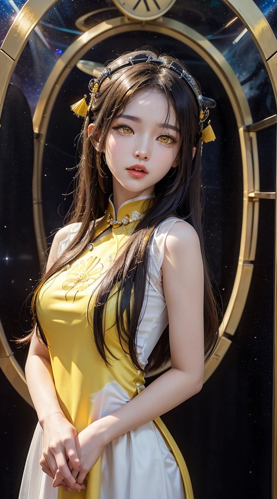 official art, unity 8k wallpaper, ultra detailed, beautiful and aesthetic, High quality, beautiful, masterpiece, best quality, 1 queen, small bust, (round bust:1.5) , (Long hair:1.5) , (zentangle, mandala, tangle, entangle:0.6) , (beautiful dress:1.2) , (golden Lace:1.2) , (bare waist:1) , (thigh high:1.2) , (closed up:1.2) , sitting poses,