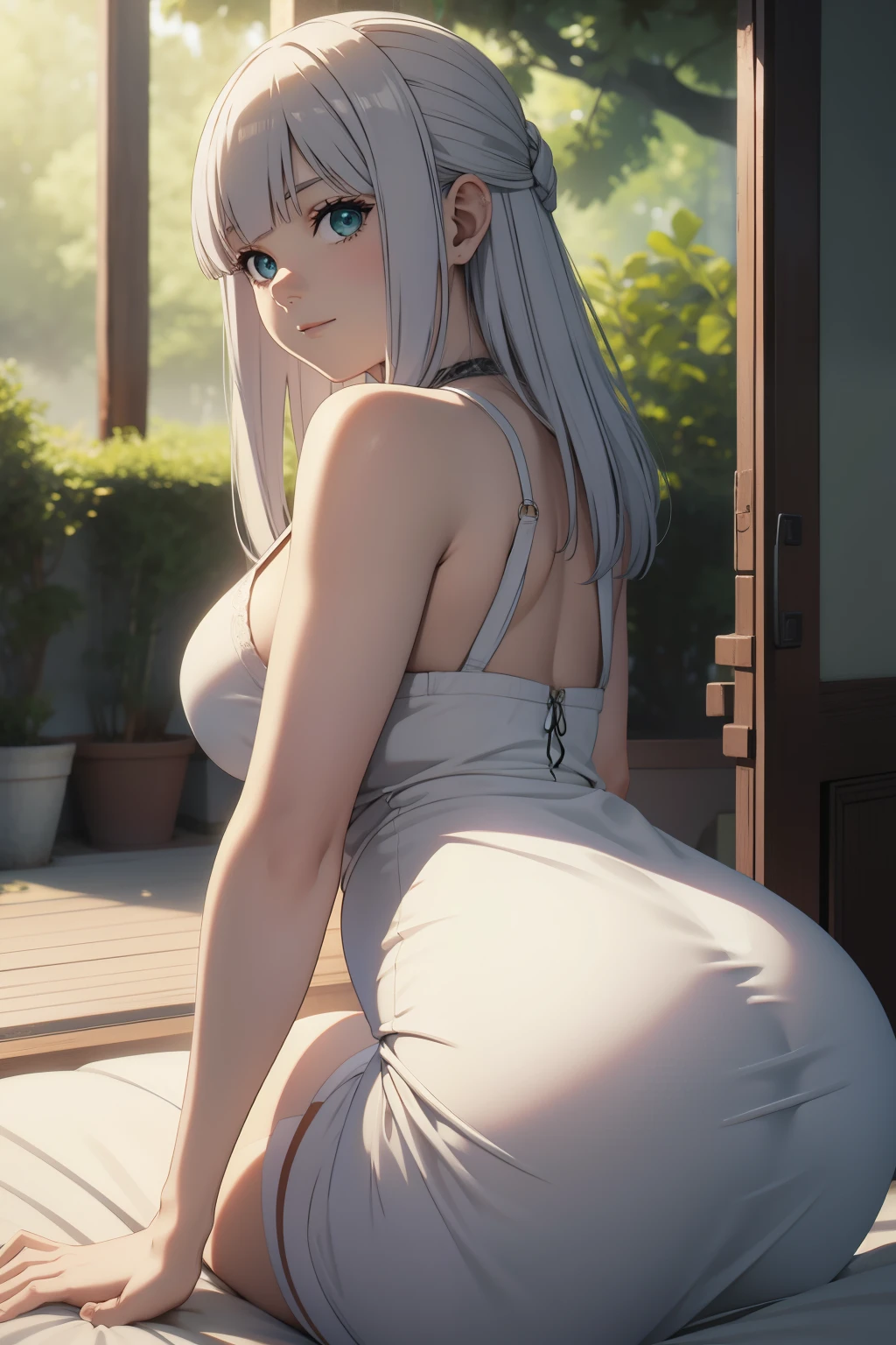 film movie still、1girl、24 years、pale-skinned、innocent smiles, hair in front of one eye、((A detailed face))、(Detailed skin)、Moist with intricate details、Shallow depth of field、[volume fog、shot at 8k resolution A silver haired, elf eara, short detailed hair, RED SUNDRESS, Green eyes，Close-up, PERFECT BODY FIGURE, BIG ASS, FOCUS ON THICC ASS, LAYING DOWN
